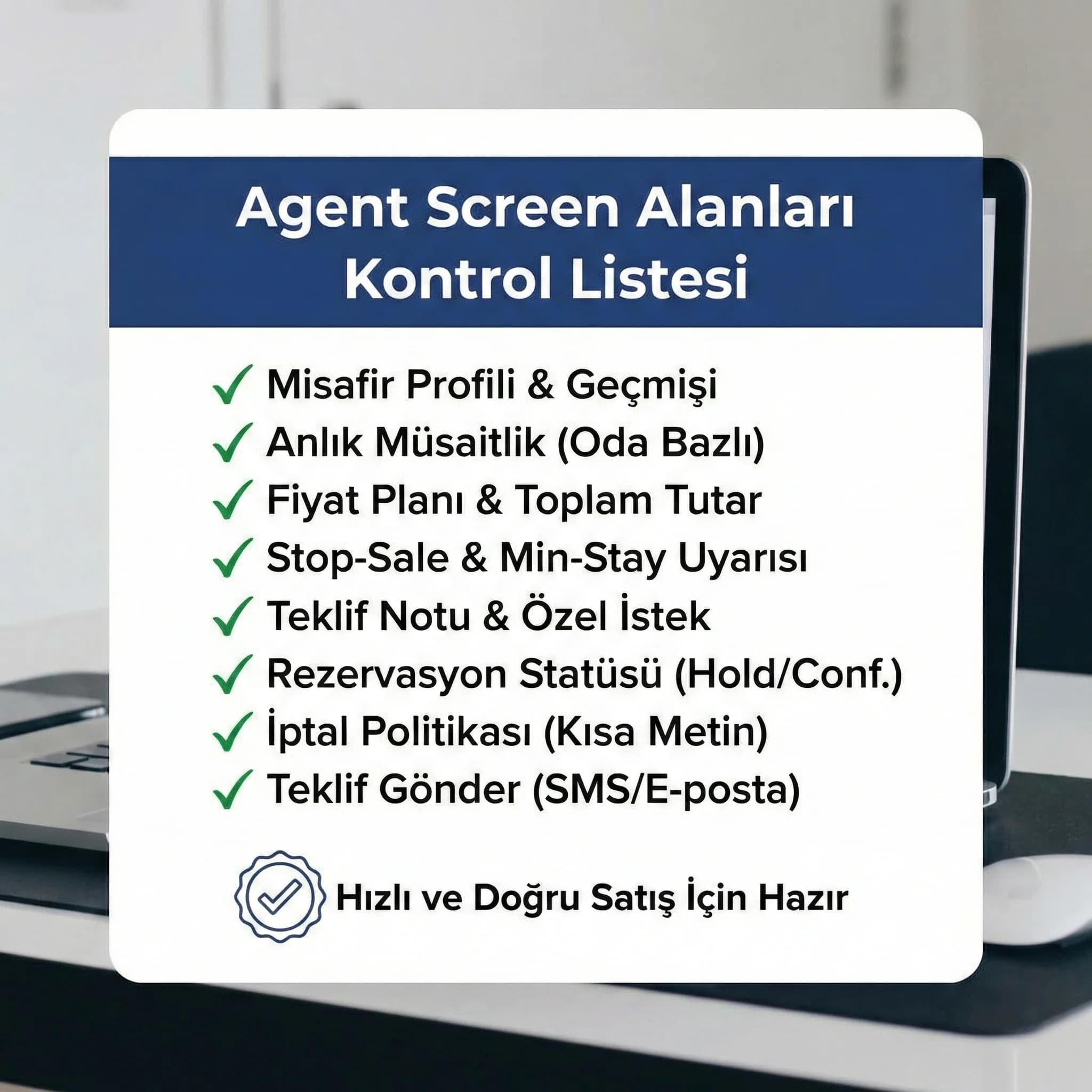 Operatör ekranı alanları kontrol listesi kartı, telefonla rezervasyonu hızlandırır