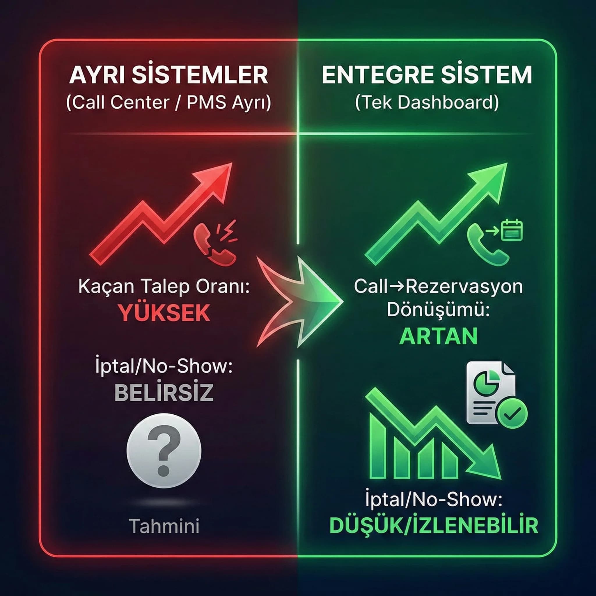 Call center KPI ve PMS rezervasyon verisini gösteren kart, telefon satışını optimize eder