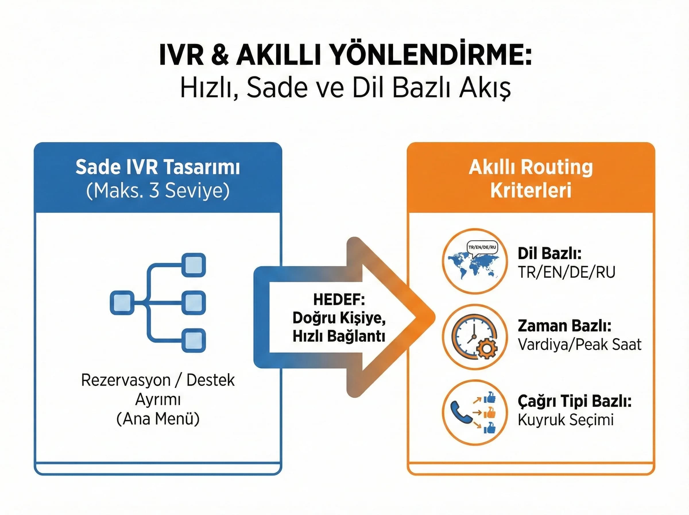 IVR menü tasarımı, akıllı yönlendirme ve dil-departman ayrımı