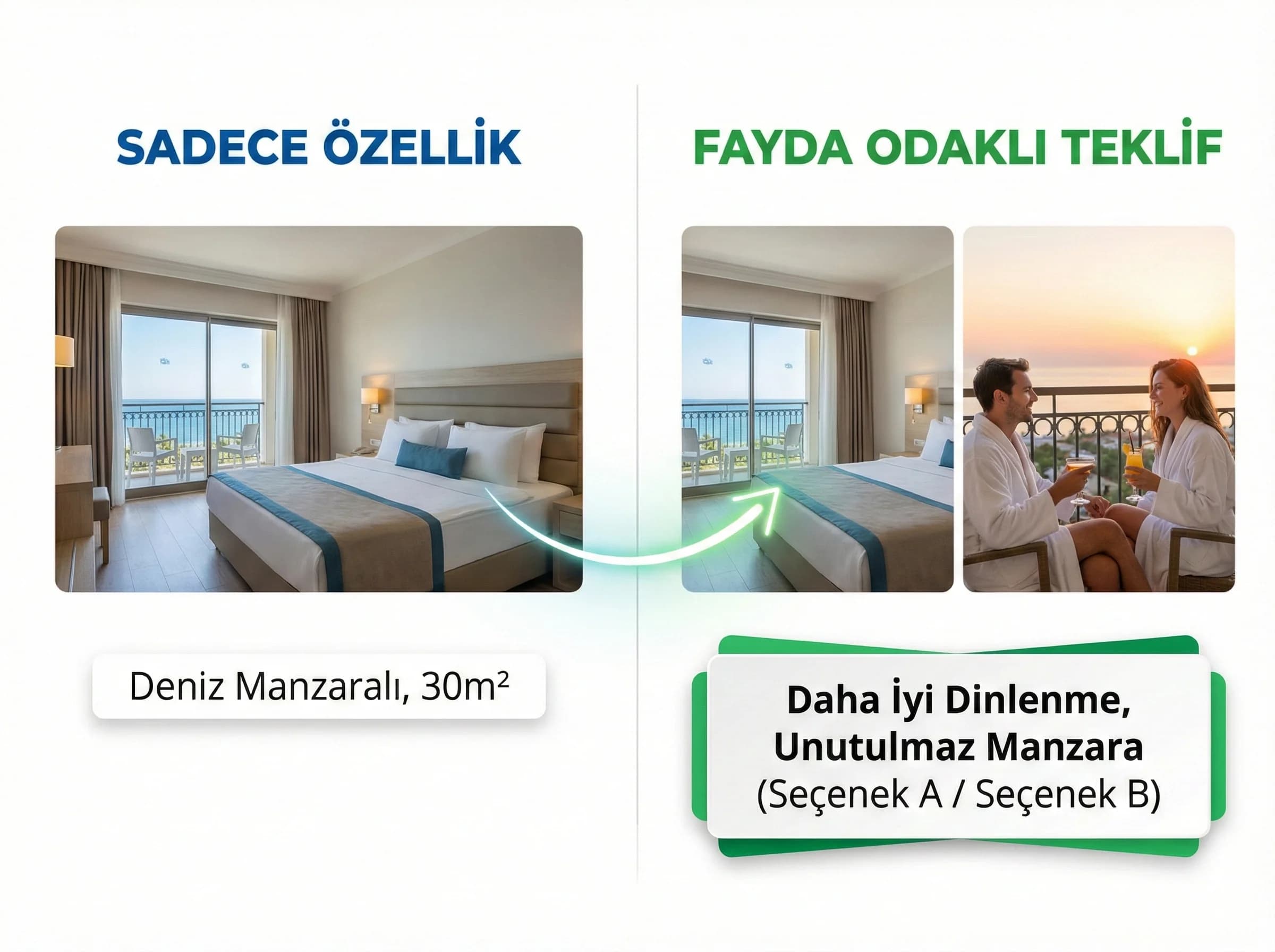 Teklif sunumu ve fayda anlatımı, otel rezervasyon script bloğu