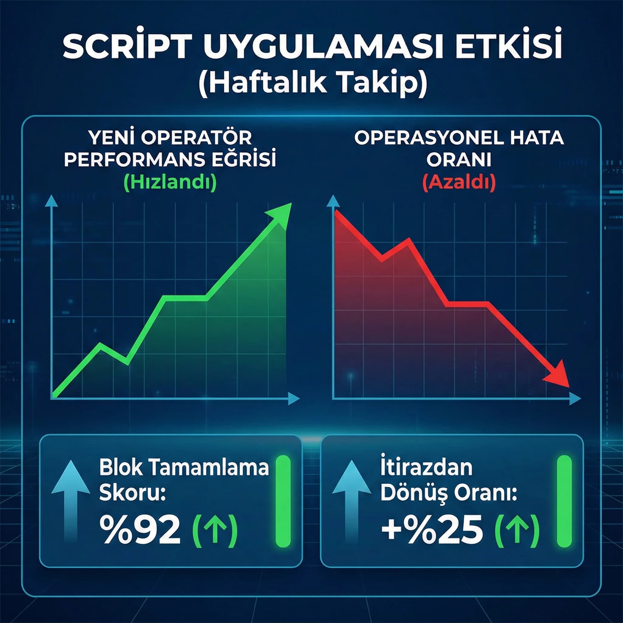 Script uygulaması KPI kartı, performans eğrisi ve hata azalması takibi