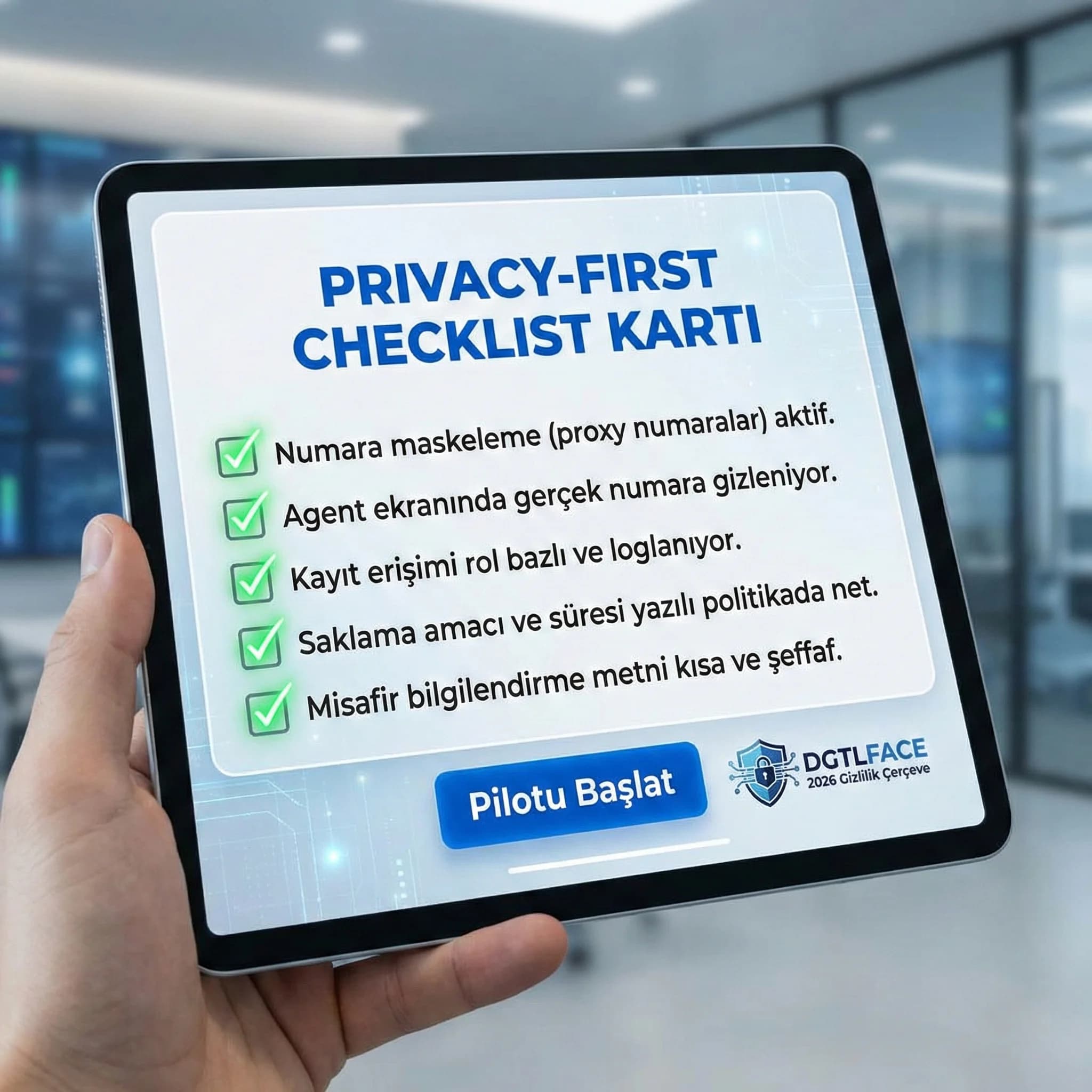 Privacy-first checklist kartı: maskeleme, erişim, saklama, şeffaflık