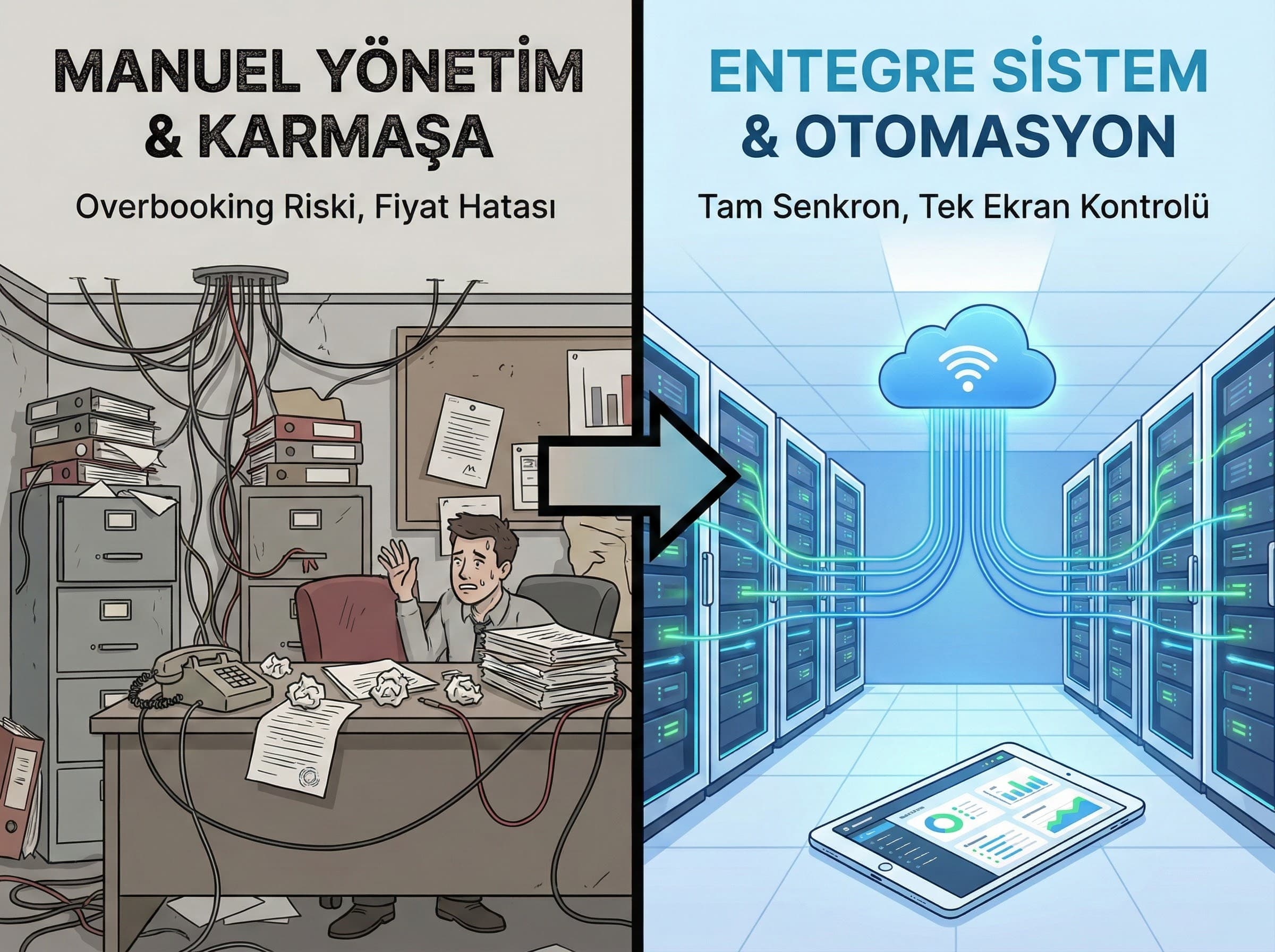 OTA entegrasyonu kavram ayrımı görseli, otel operasyon çerçevesi