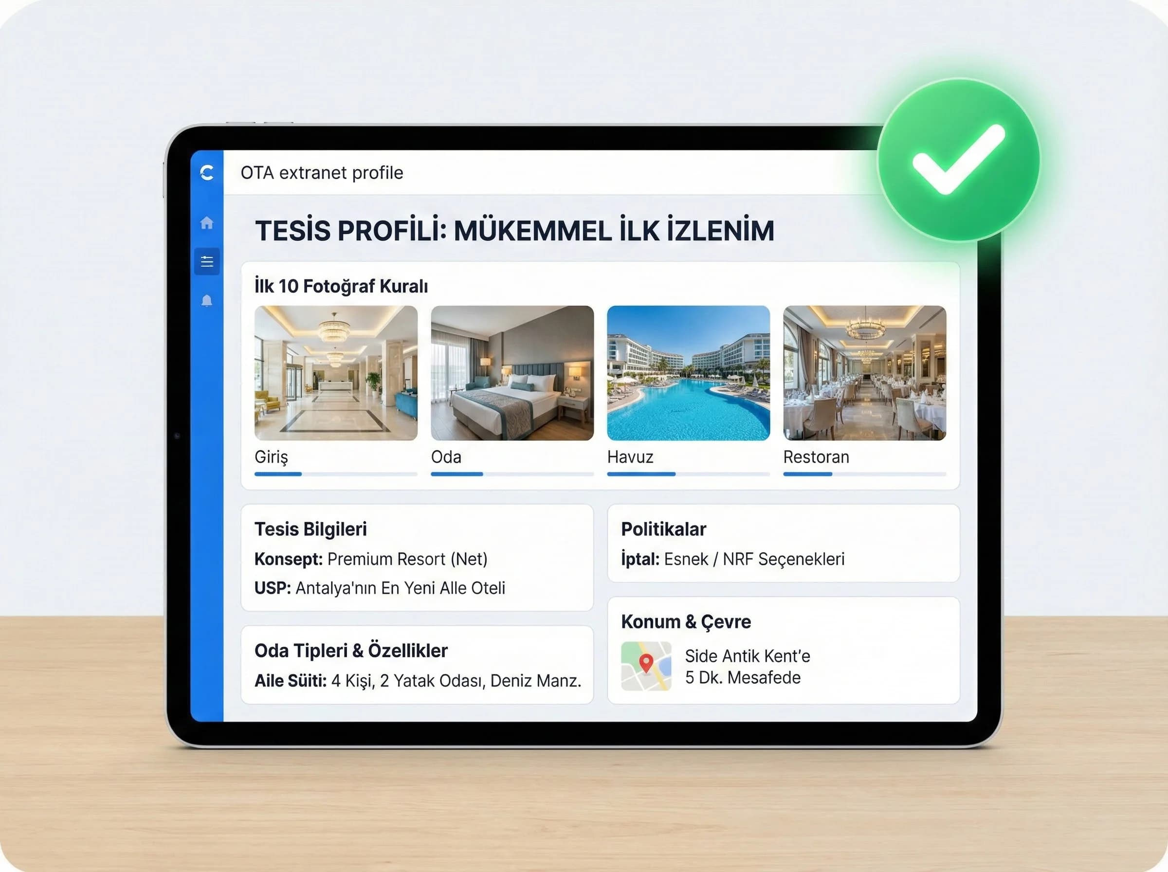 Extranet profil alanlarını özetleyen bölüm görseli, otel profil yönetim