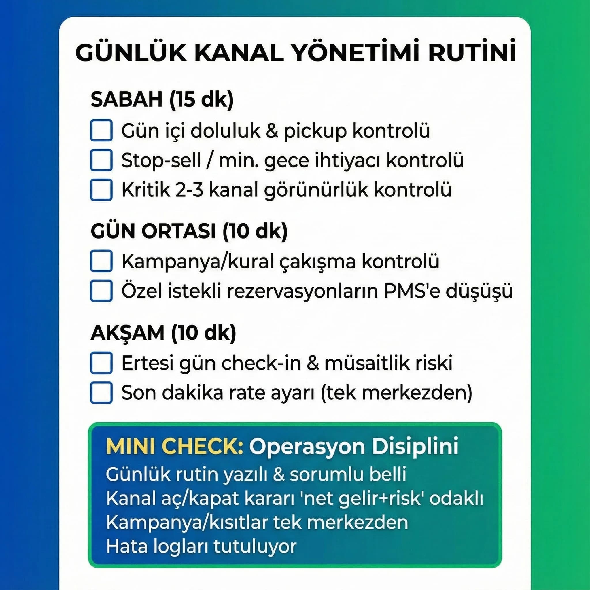 Günlük kanal yönetimi rutini ve kontrol adımlarını özetleyen checklist kartı