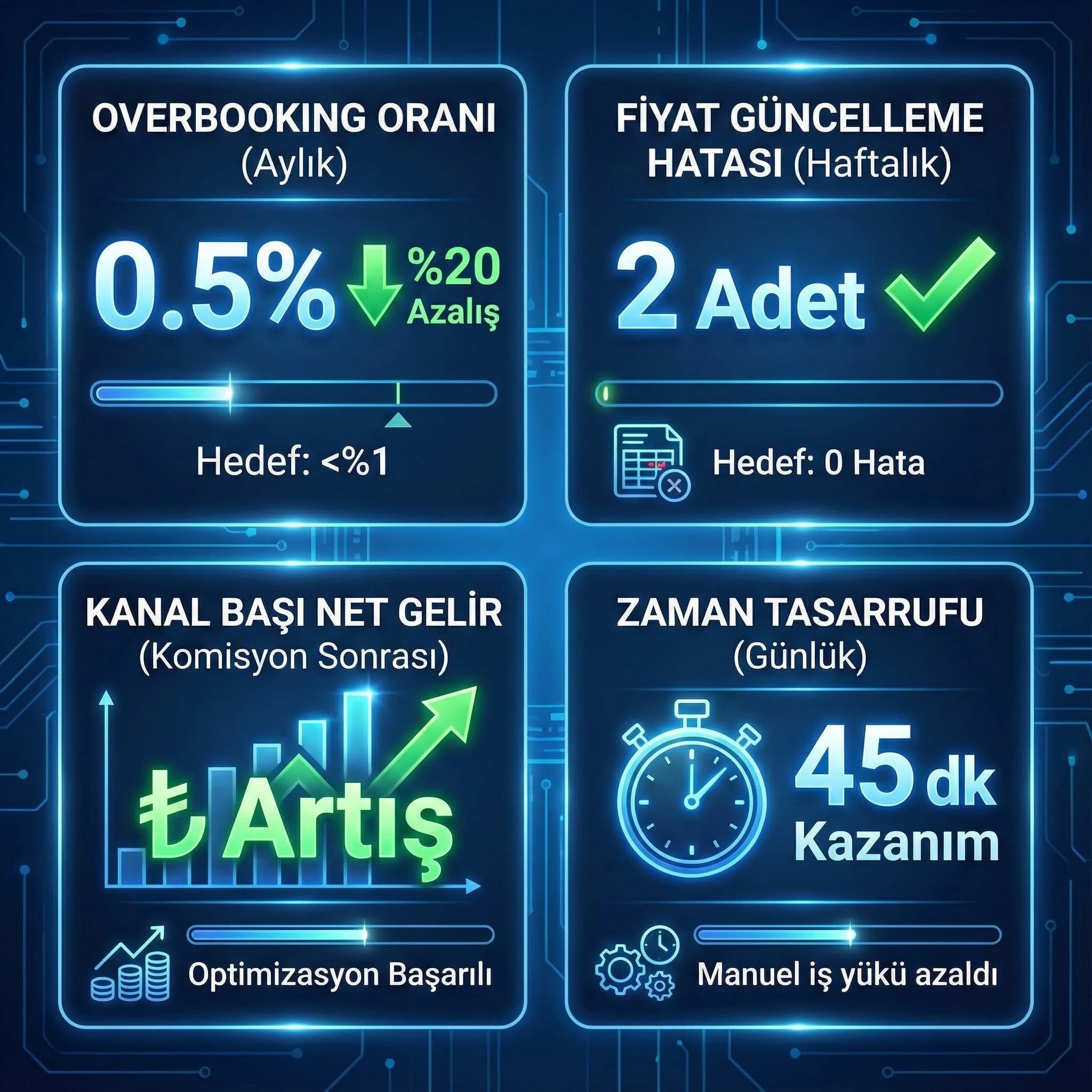 Overbooking ve güncelleme hatası gibi otel kanal KPI’larını gösteren skor kartı