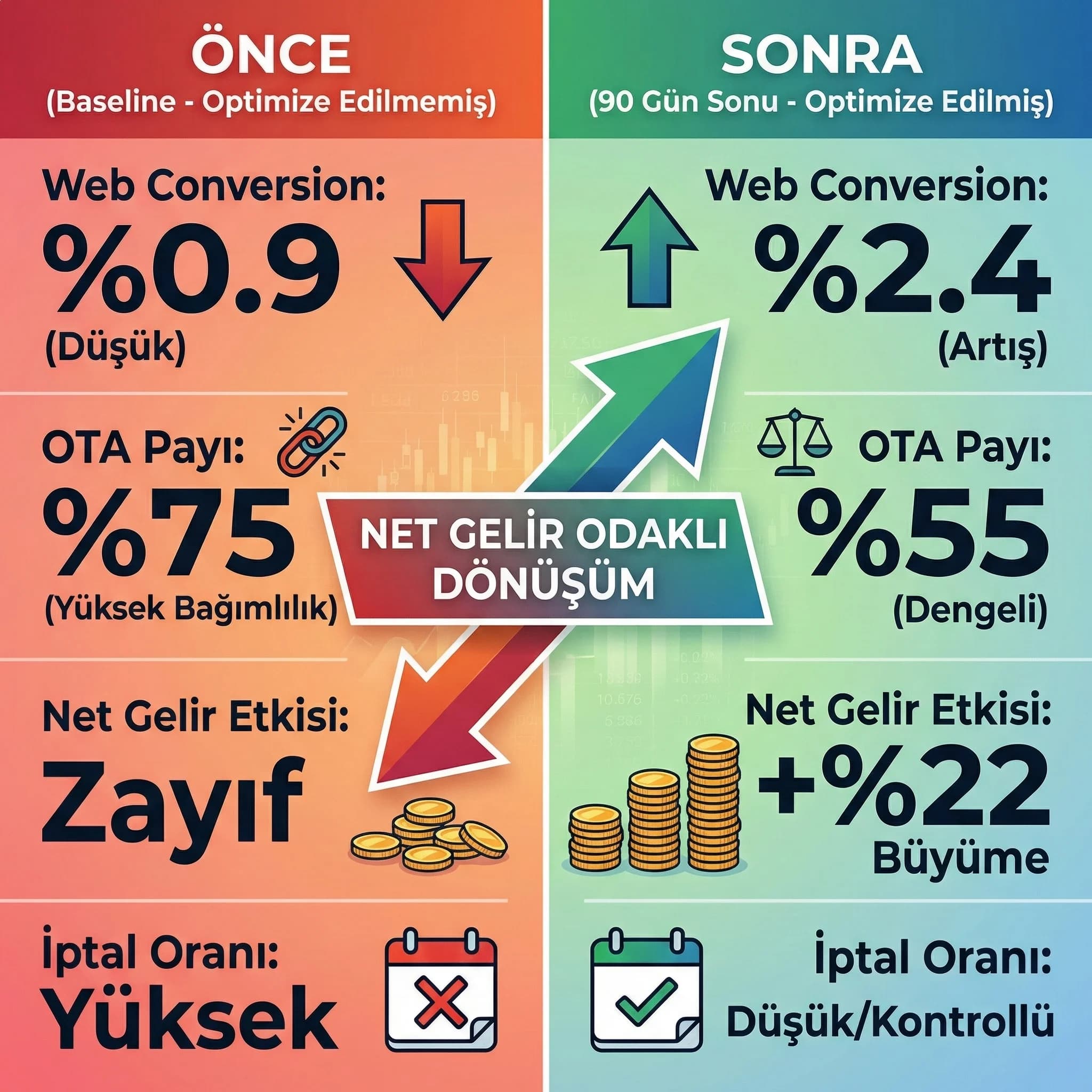 KPI skor kartı, dönüşüm ve net gelir artışı için otel paneli