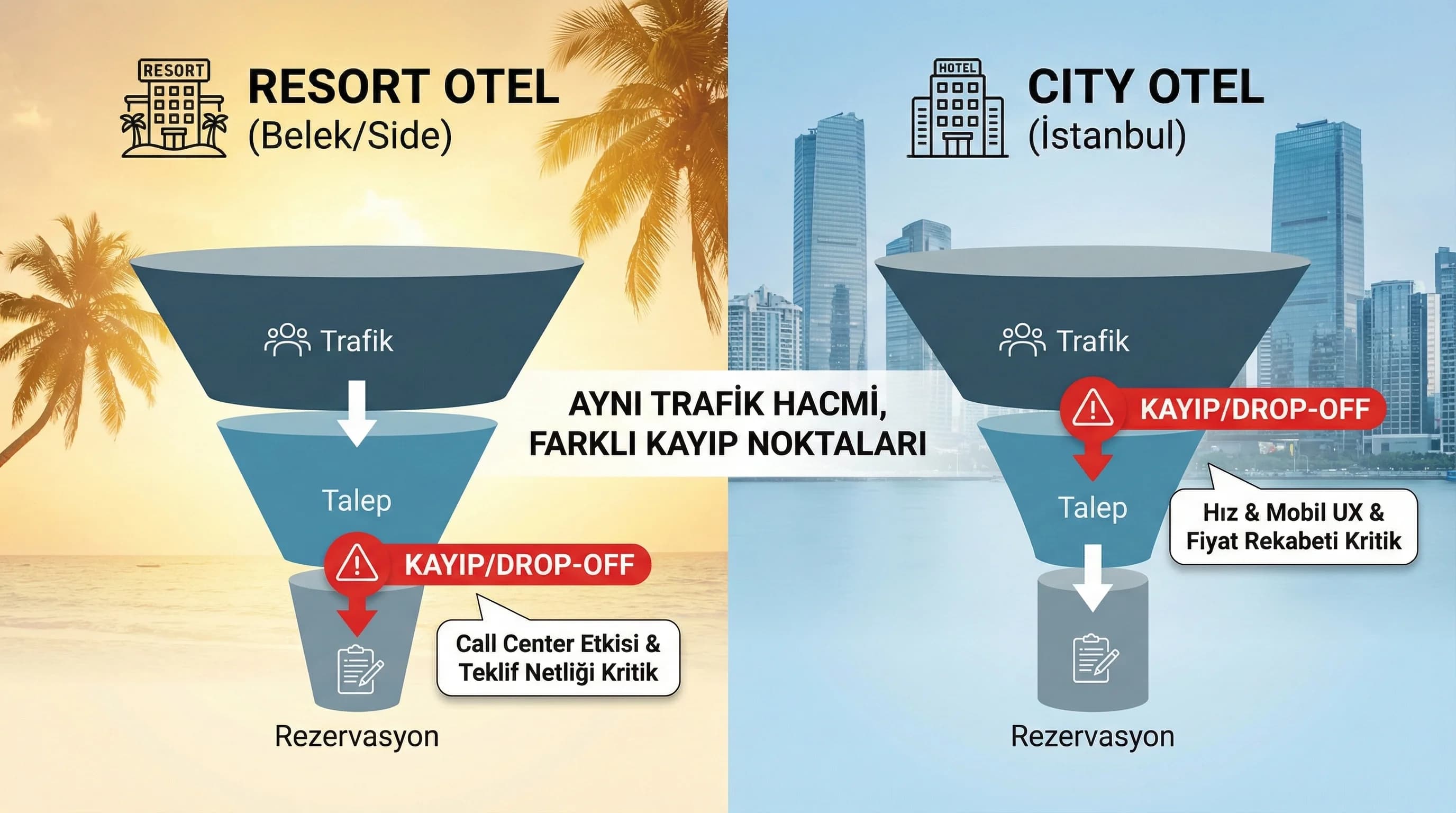 Resort ve city otel farkı, funnel kaybını hızlı anlamaya yardımcı bağlam