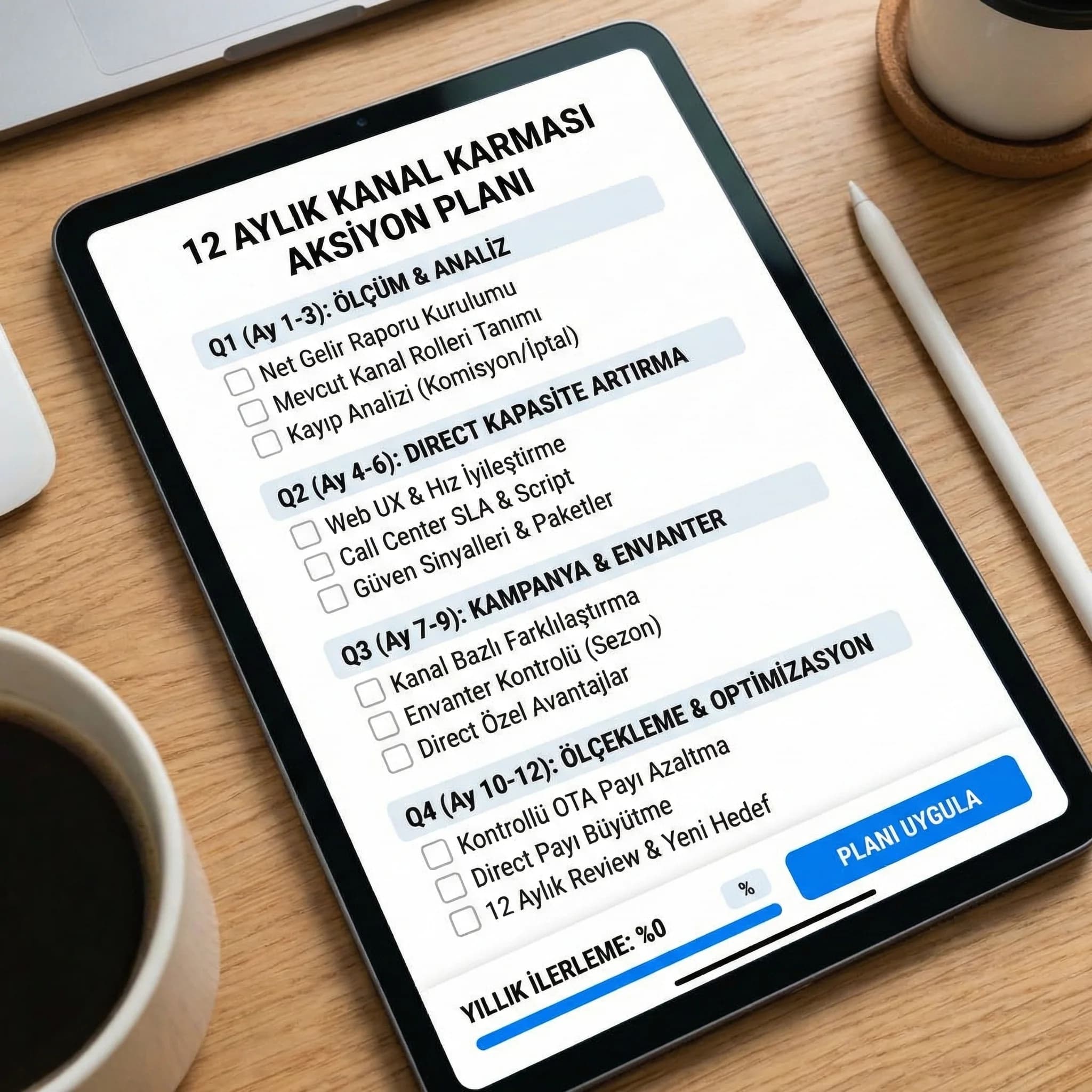 12 aylık kanal karması planı, otel yöneticisi için uygulanabilir aksiyon listesi