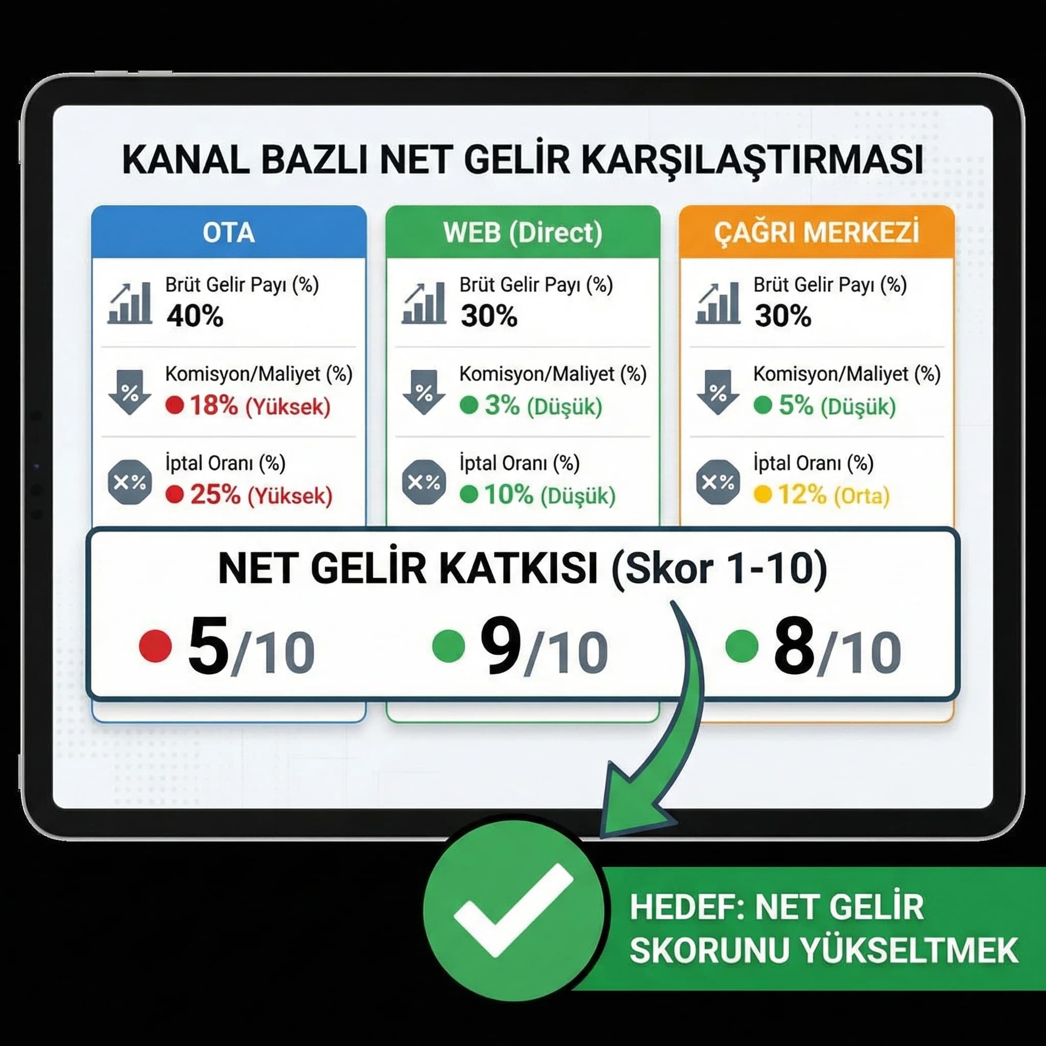 Net gelir skor kartı, OTA web call center kanal karşılaştırma paneli