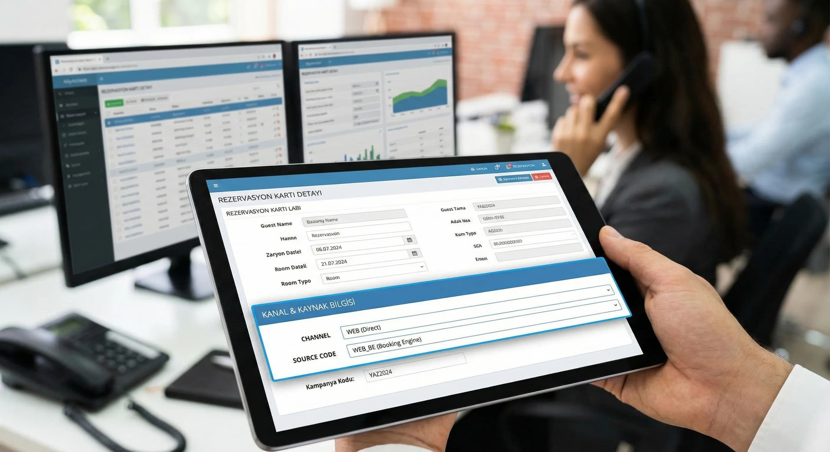 OTA web çağrı merkezi rezervasyonlarının PMS’te source kodlarıyla birleştiği otel görseli