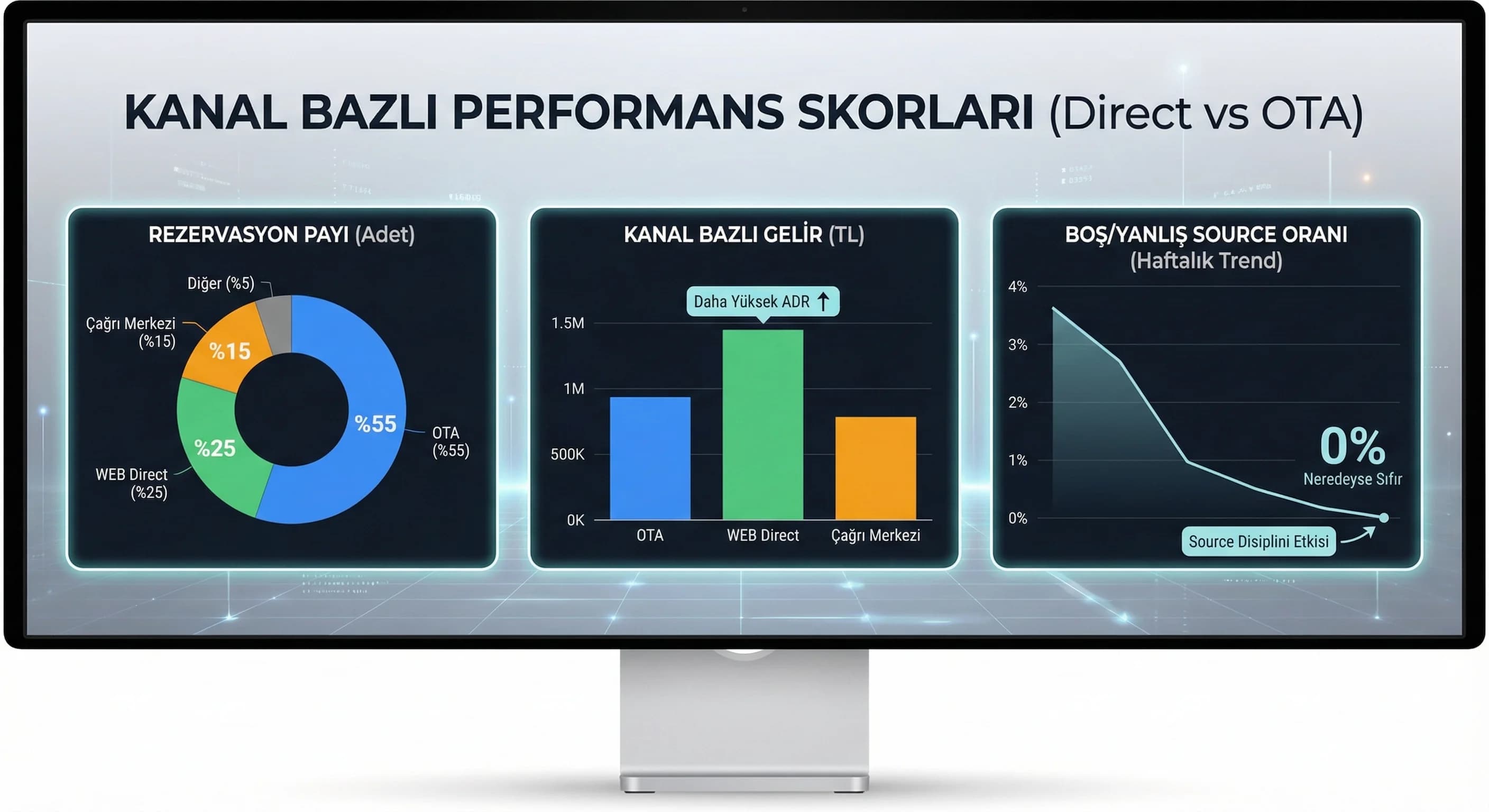 Kanal bazlı rezervasyon sayısı ve gelir karşılaştırmasını gösteren otel KPI skor kartı