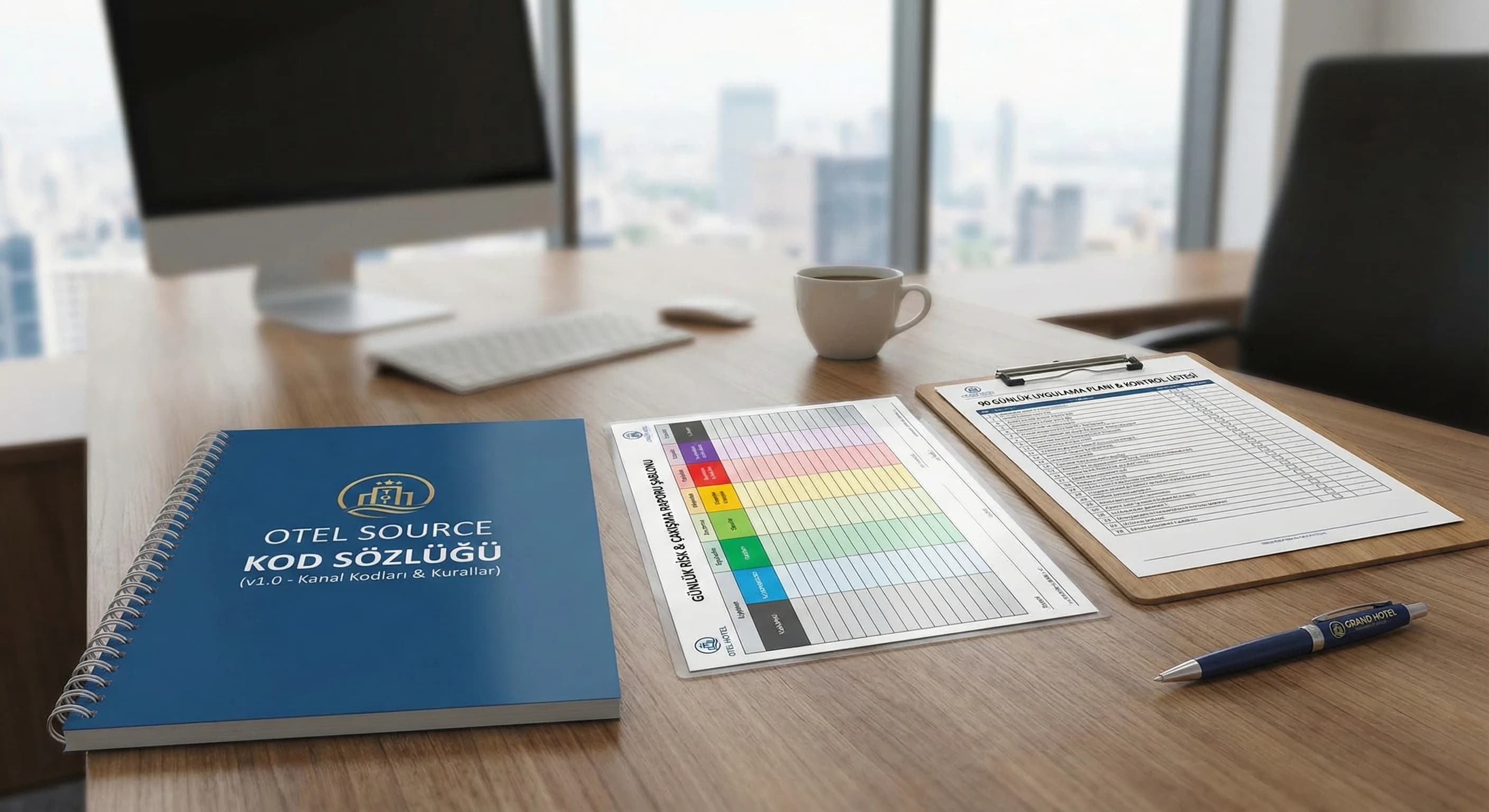 Source kod sözlüğü risk raporu ve uygulama planını gösteren otel deliverables kartı