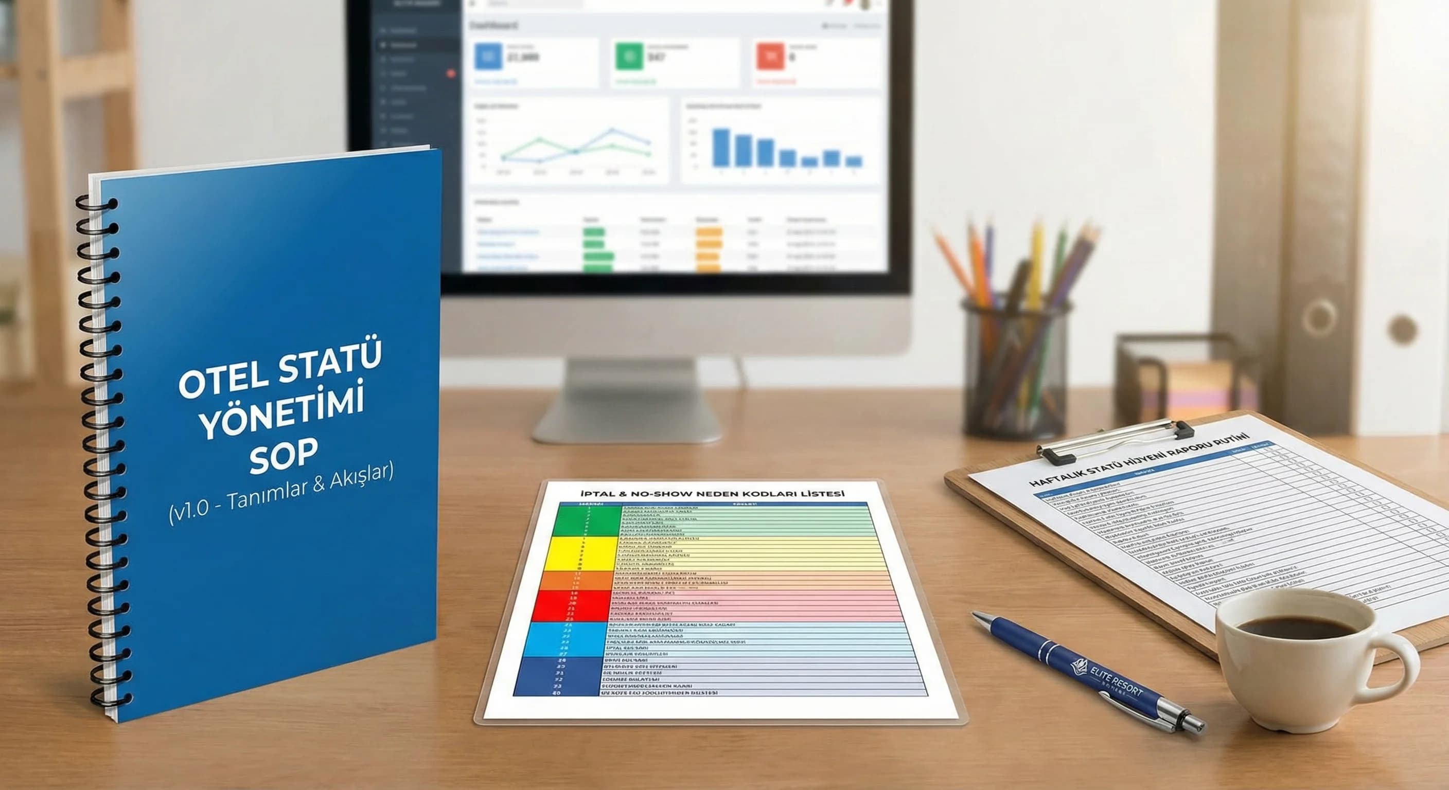 Statü SOP, neden kodları ve rapor rutinini gösteren otel deliverables kartı