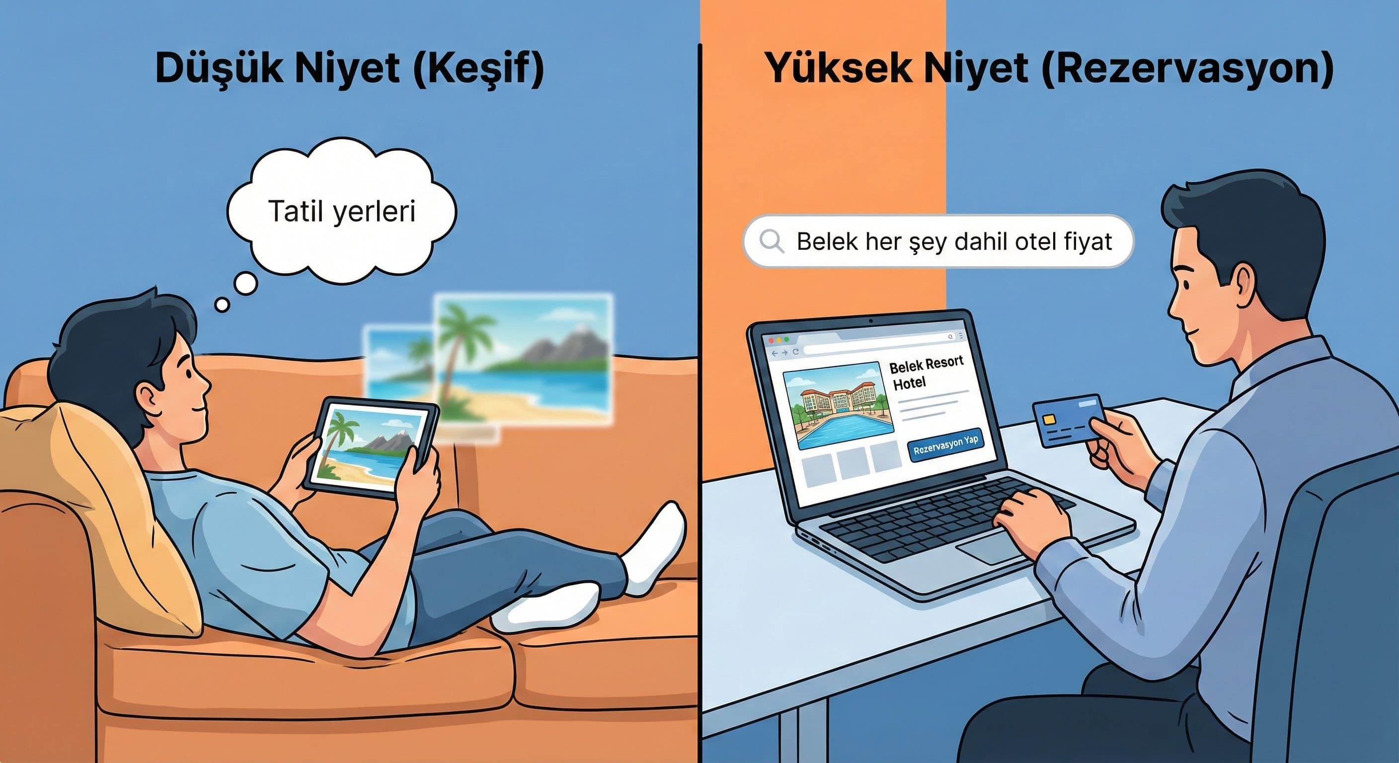  Basit funnel diyagramı (Awareness: Video/Display → Consideration: Search → Conversion: Booking Engine)