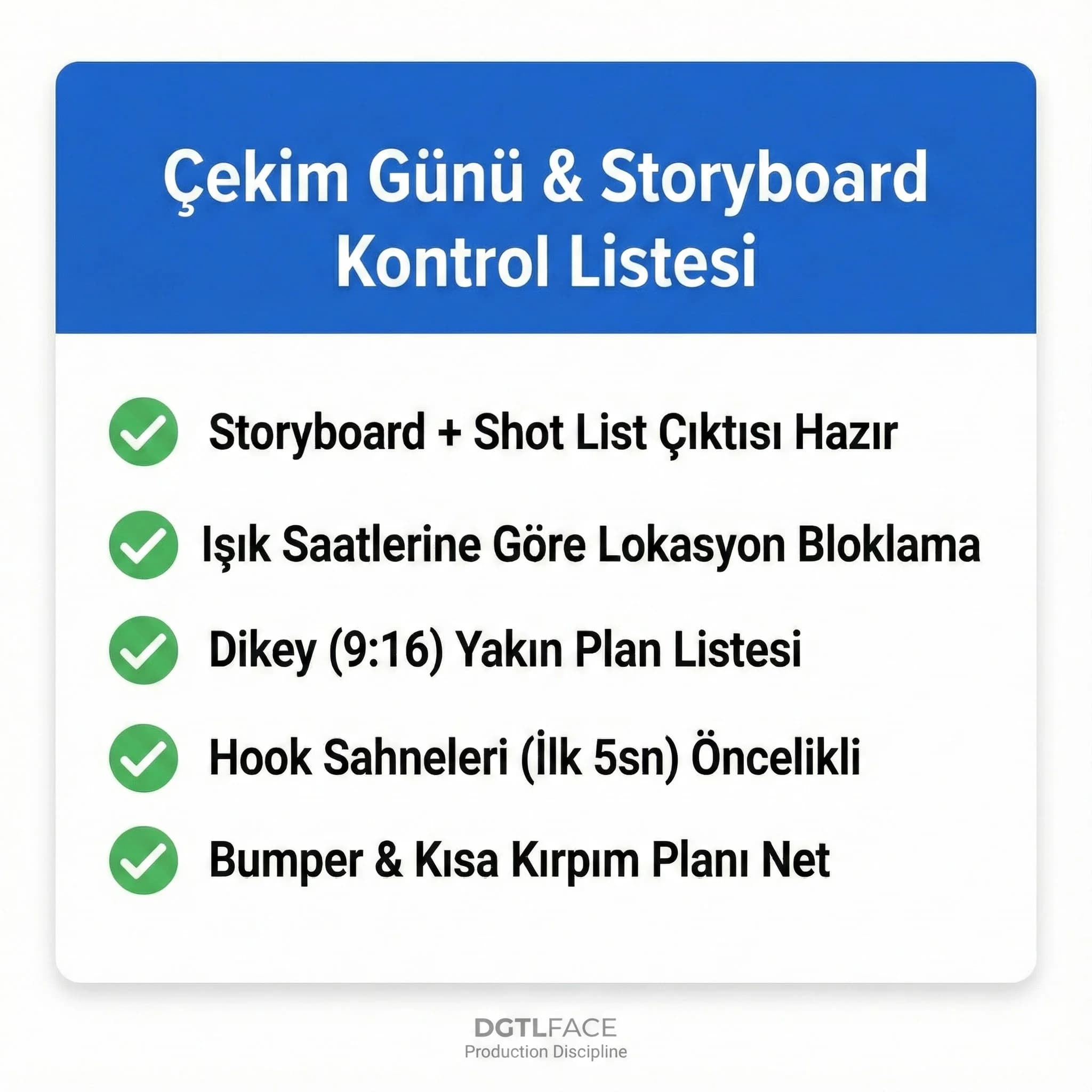 Çekim günü checklist + storyboard adımları + otel üretim bağlamı