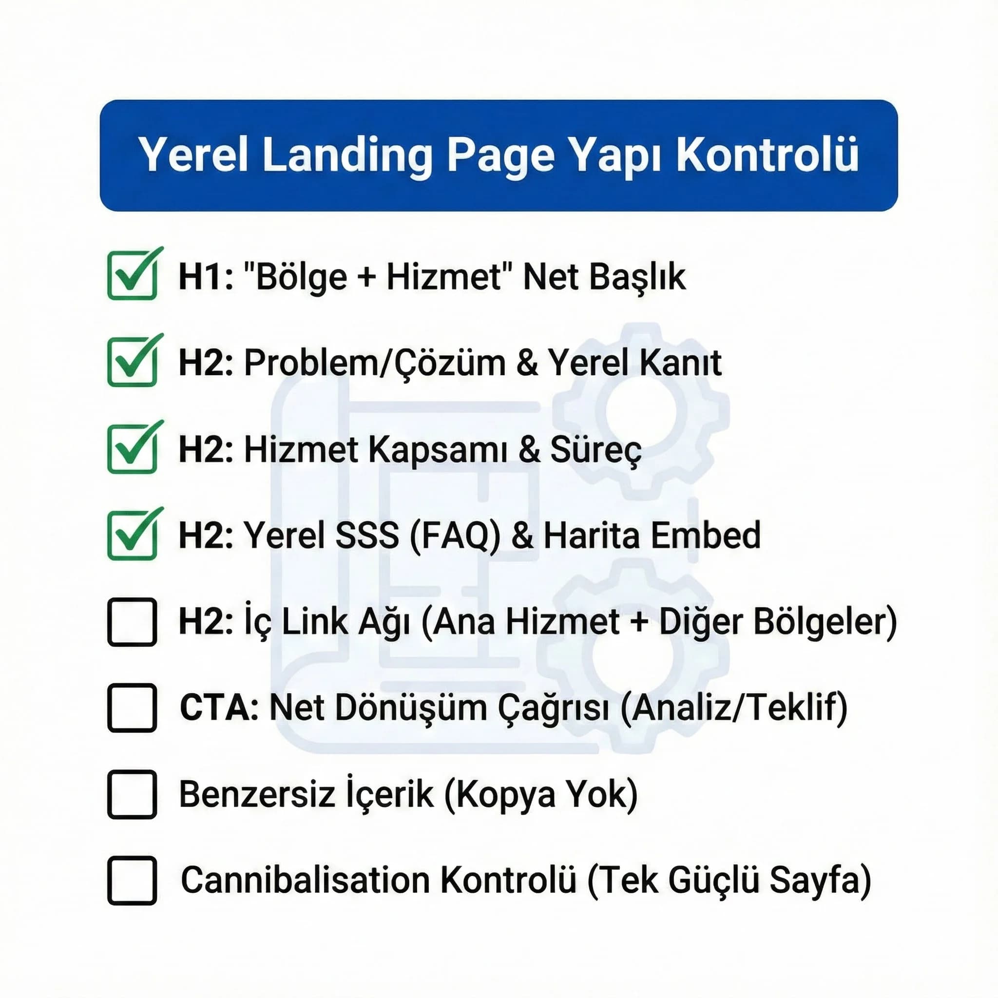 Yerel landing checklist’i (bloklar + kalite kuralları)