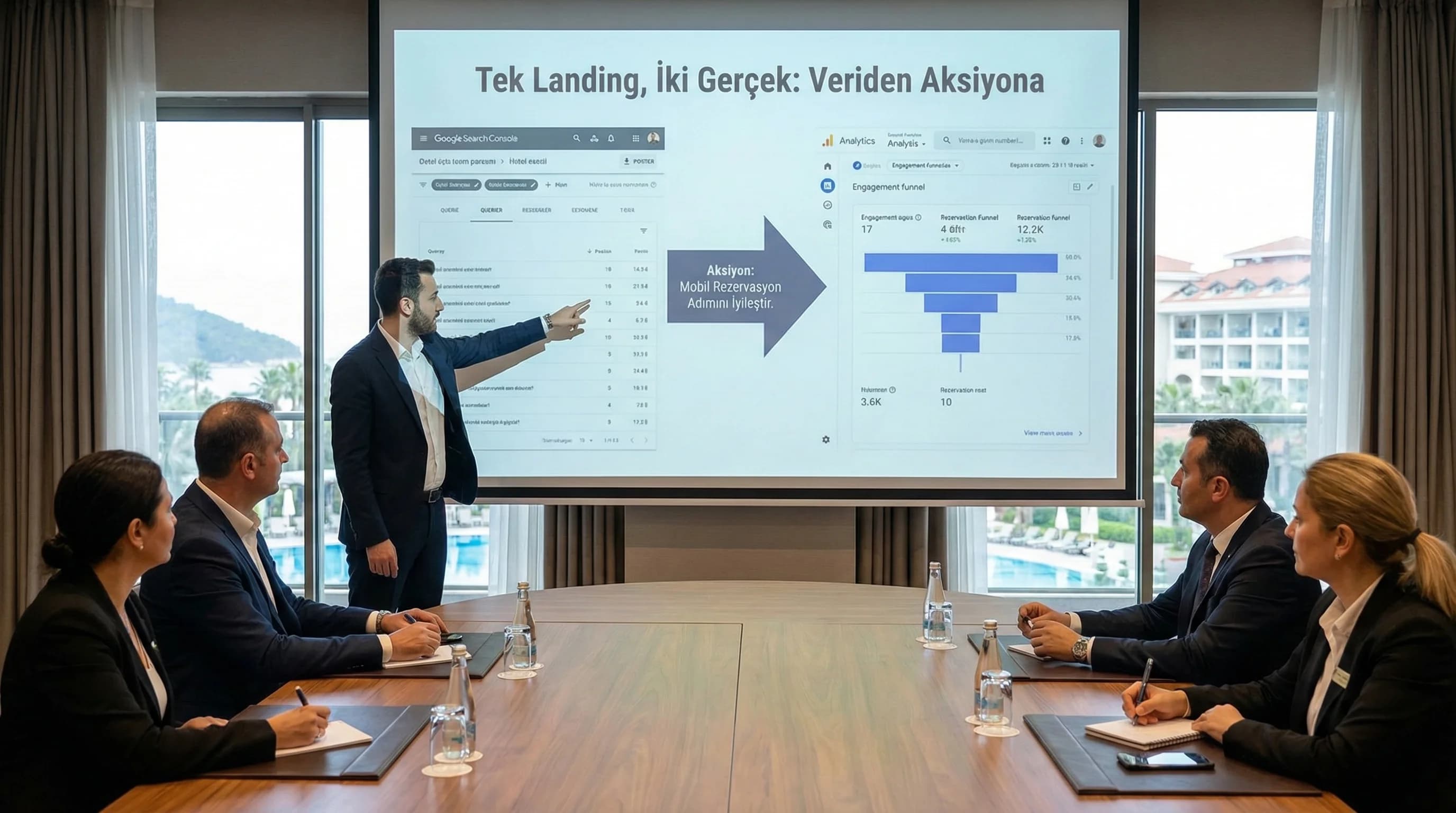 Aynı landing için GA4+GSC okuma, amaç doğru yorum, otel yönetim toplantısı