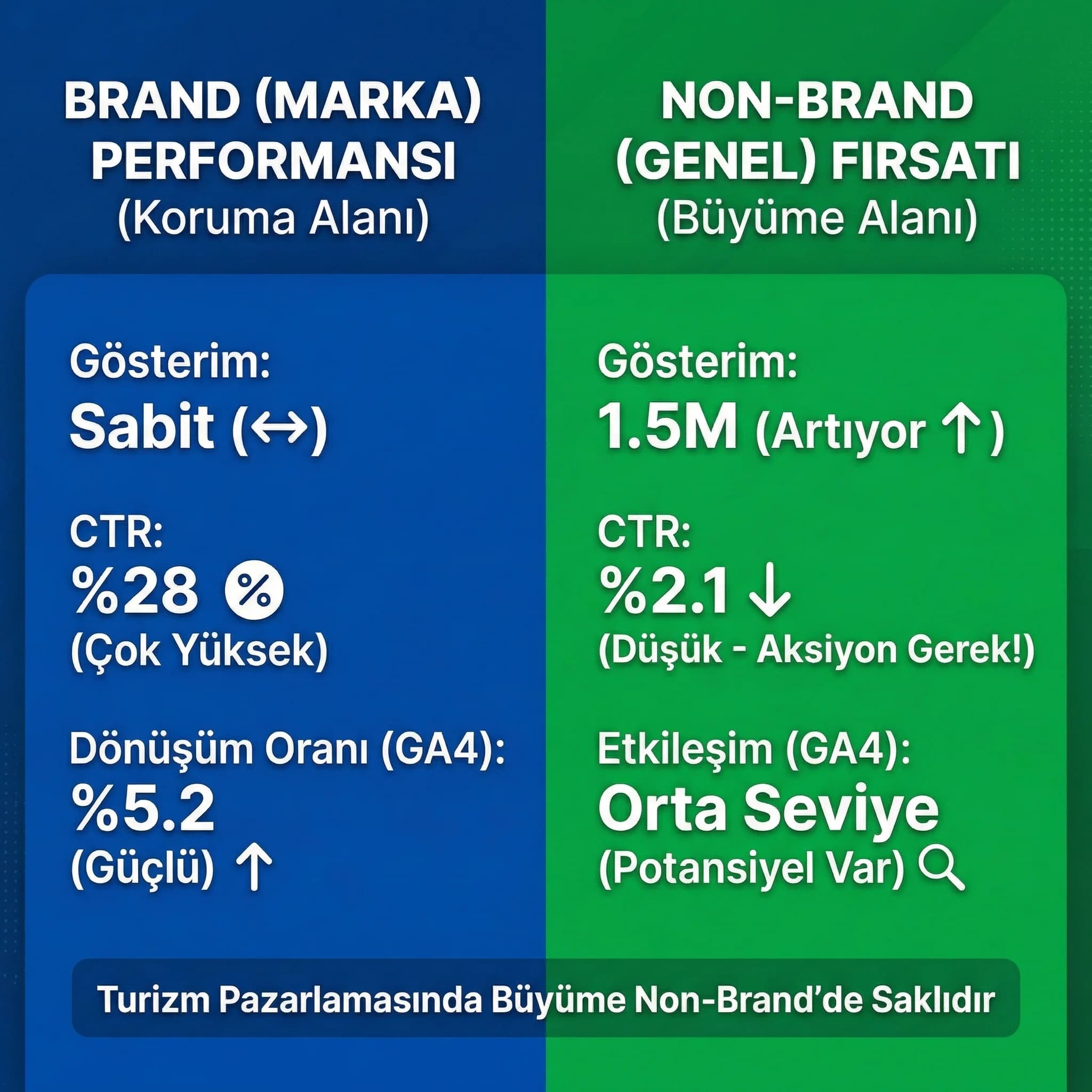 Brand vs non-brand KPI kartı, amaç büyüme alanı, turizm pazarlama bağlamı