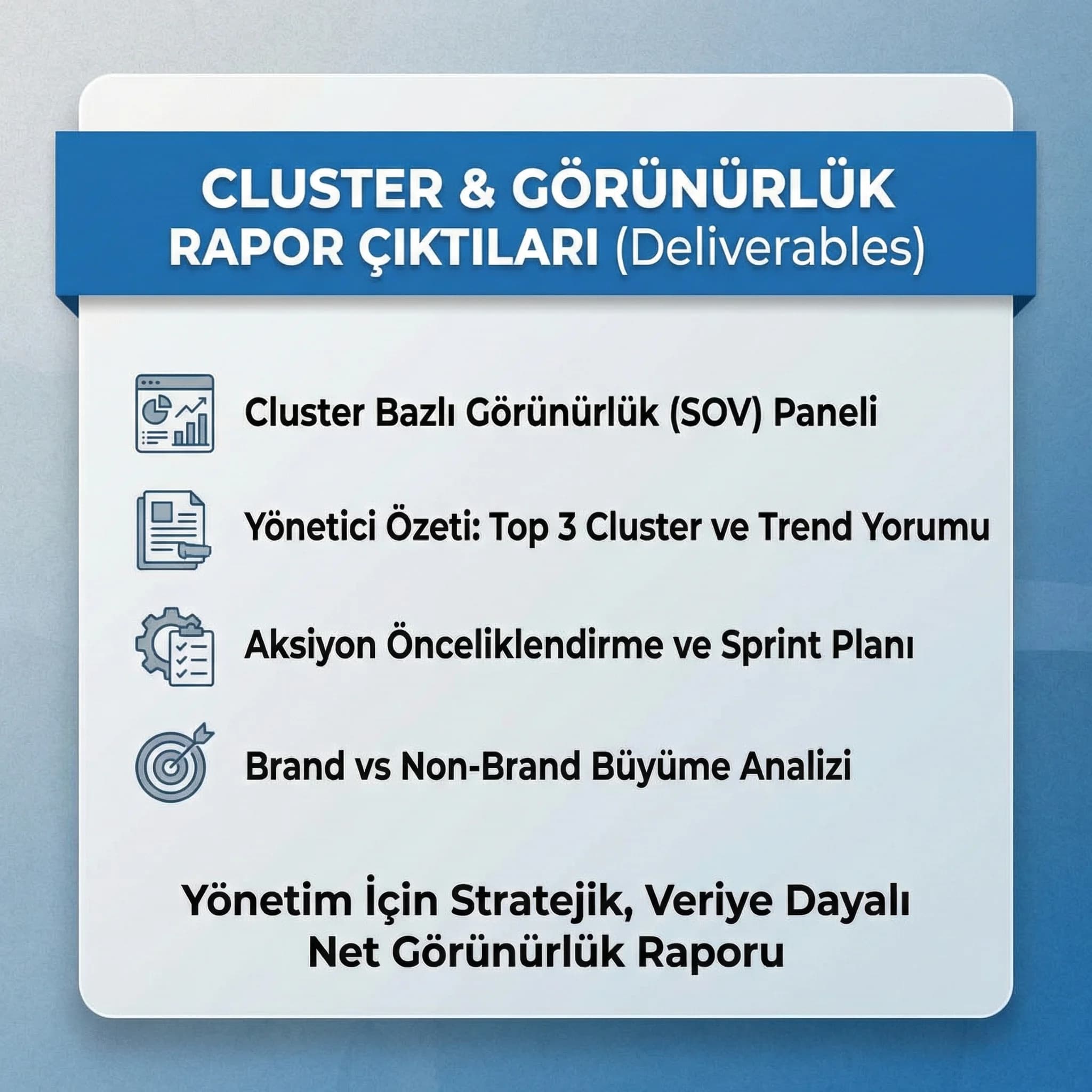 Cluster rapor deliverables kartı, amaç yönetici sunumu, otel-ajans bağlamı