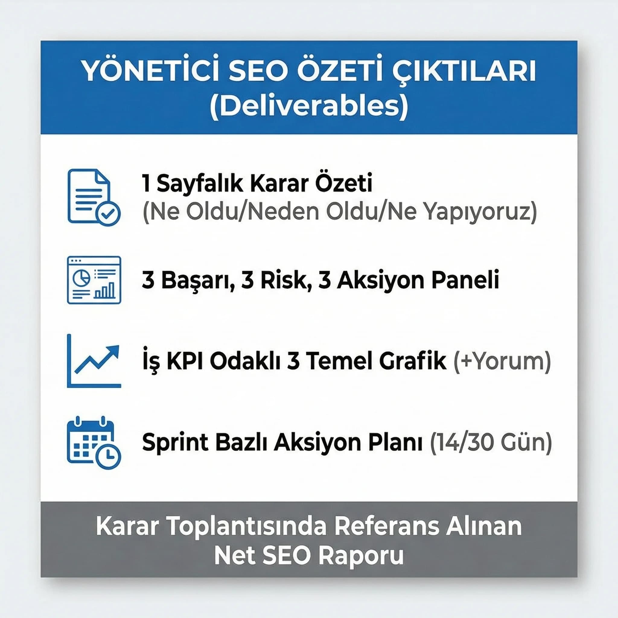 Yönetici özeti deliverables kartı, amaç karar toplantısı, kurum bağlamı