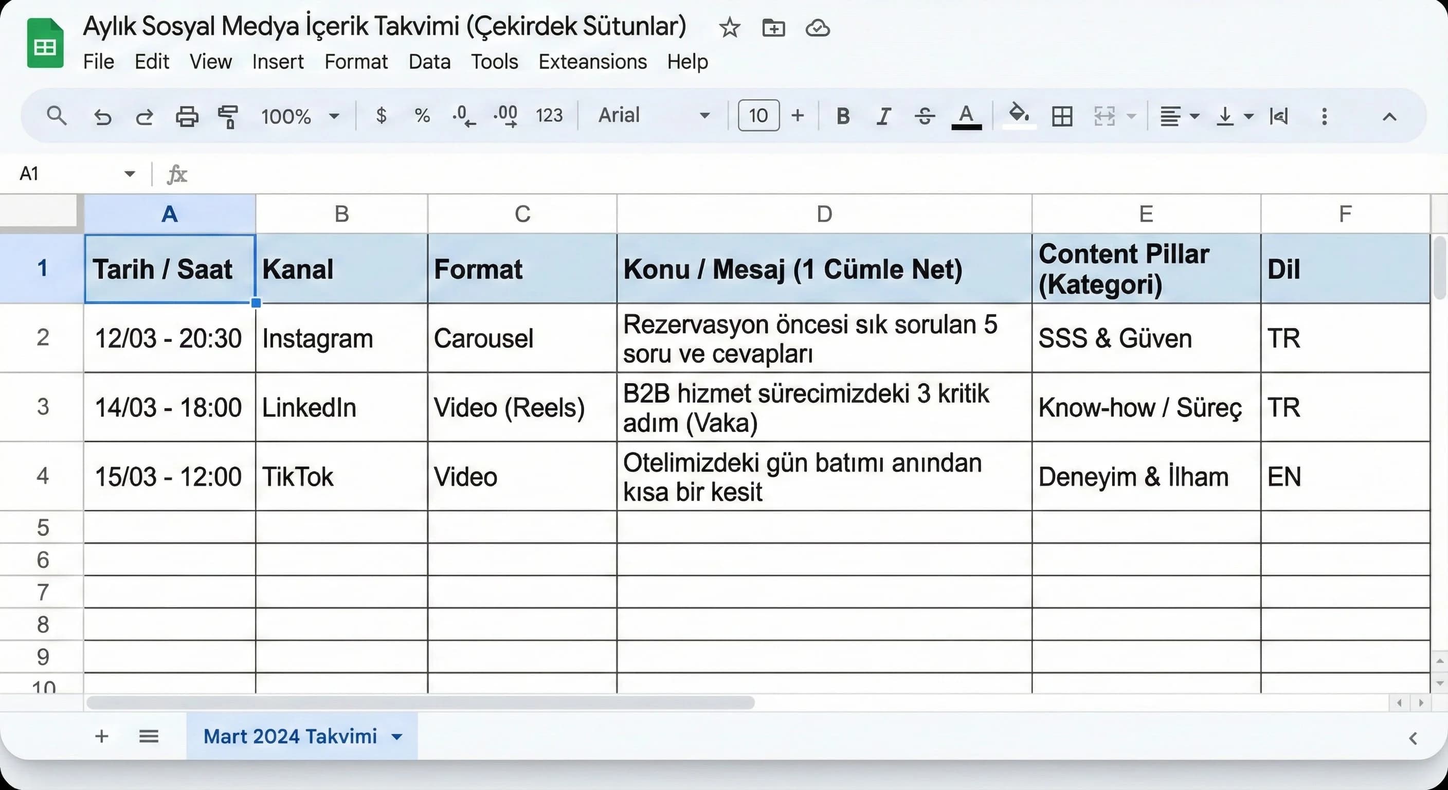 İçerik takviminde hangi sütunlar olmalı?