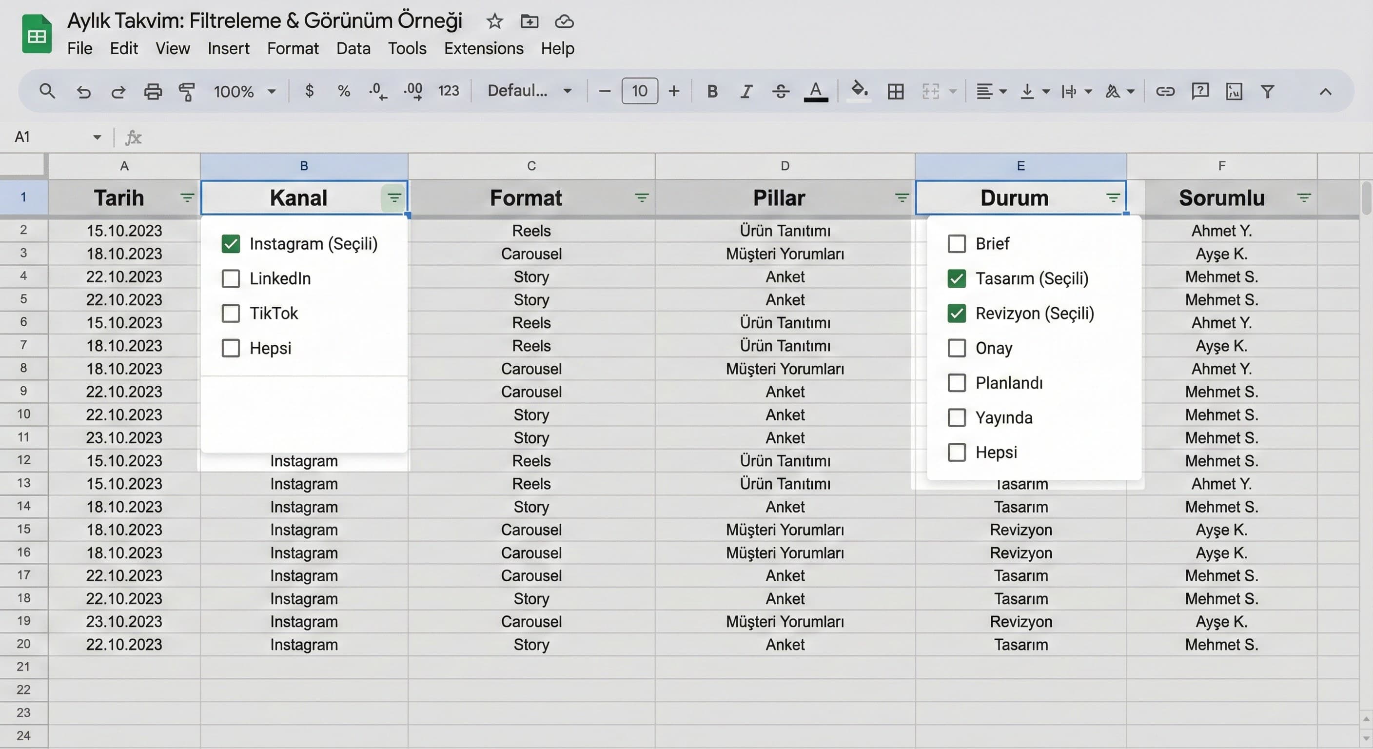 Aylık Takvim Filtreleme & Görünüm Örneği