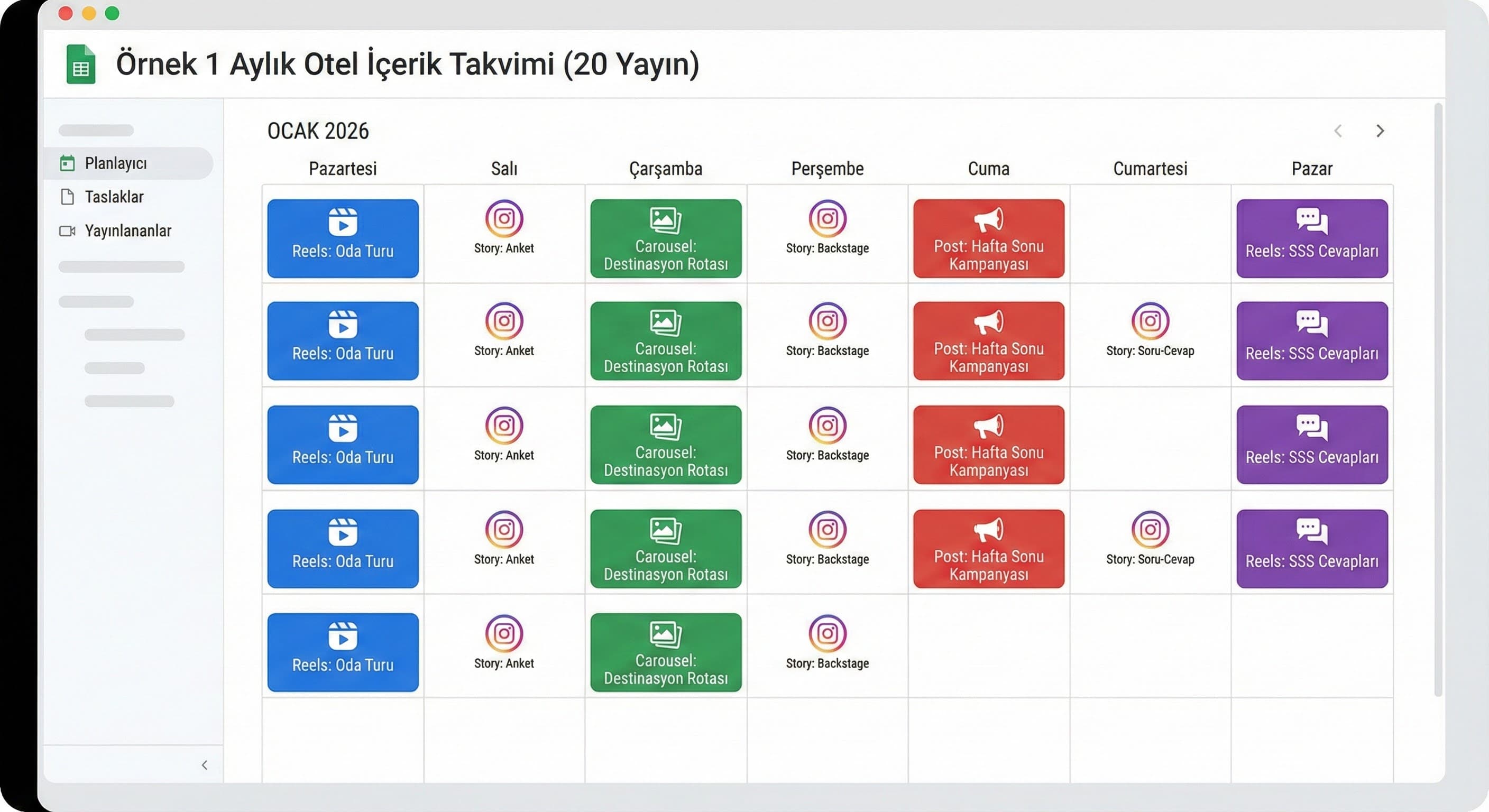 Örnek 1 Aylık Takvim (20 içerik) + Görsel/Text Fikirleri