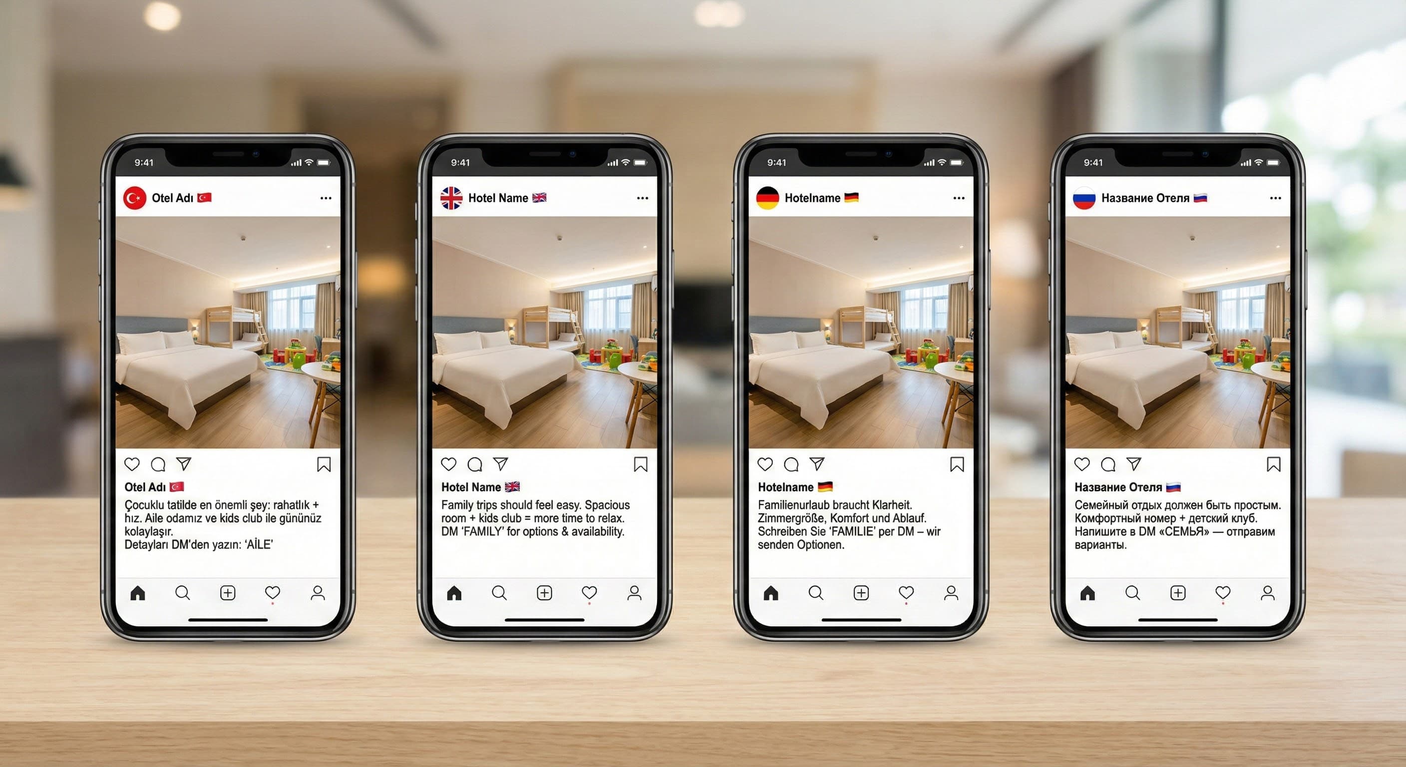 Aynı içeriğin 4 dilde versiyon mockup’ı