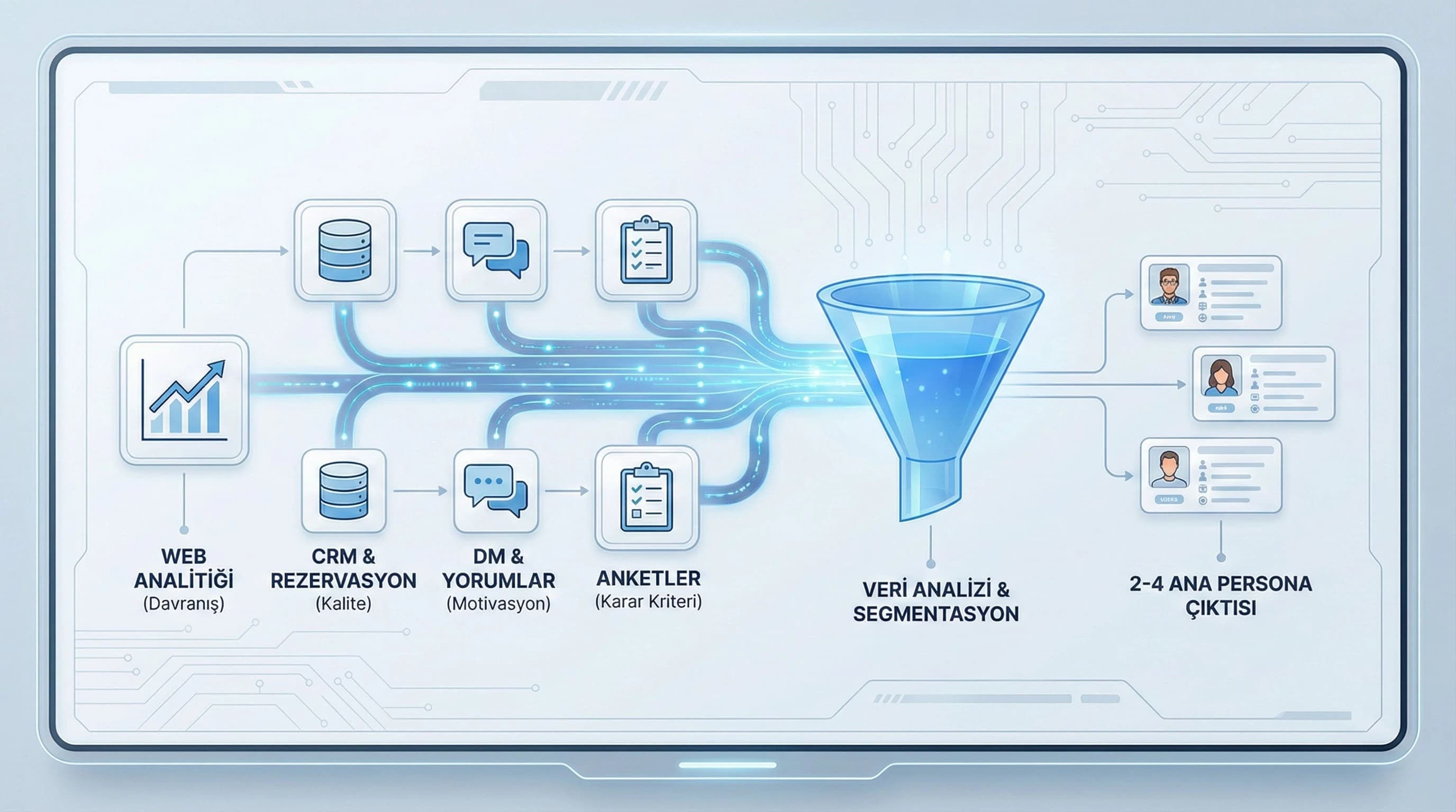 Analytics CRM DM ve anket verileriyle persona çıkarma sürecini özetleyen içerik görseli