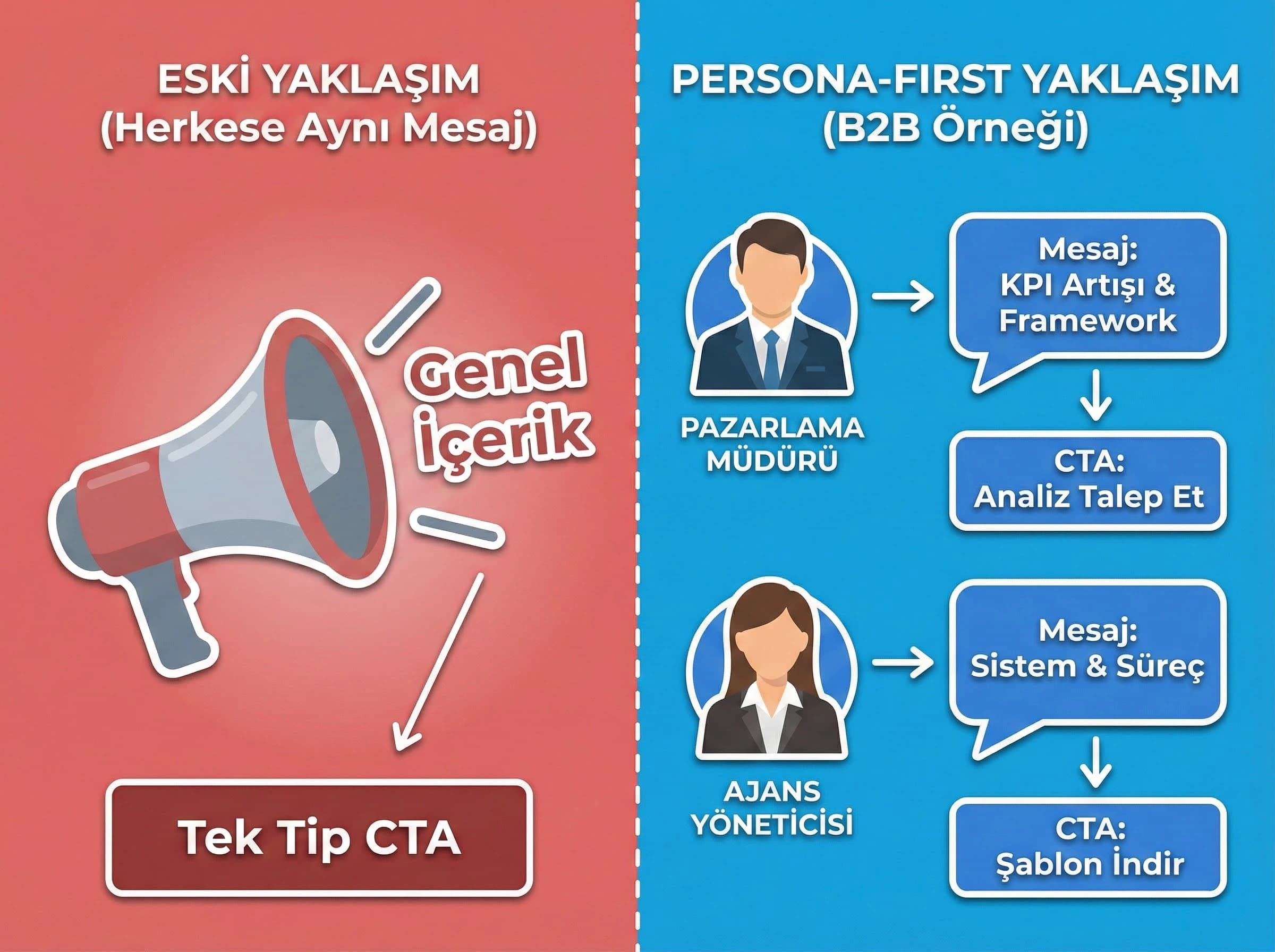 Persona’ya göre mesaj format ve CTA farklılaşmasını gösteren B2B odaklı bölüm görseli
