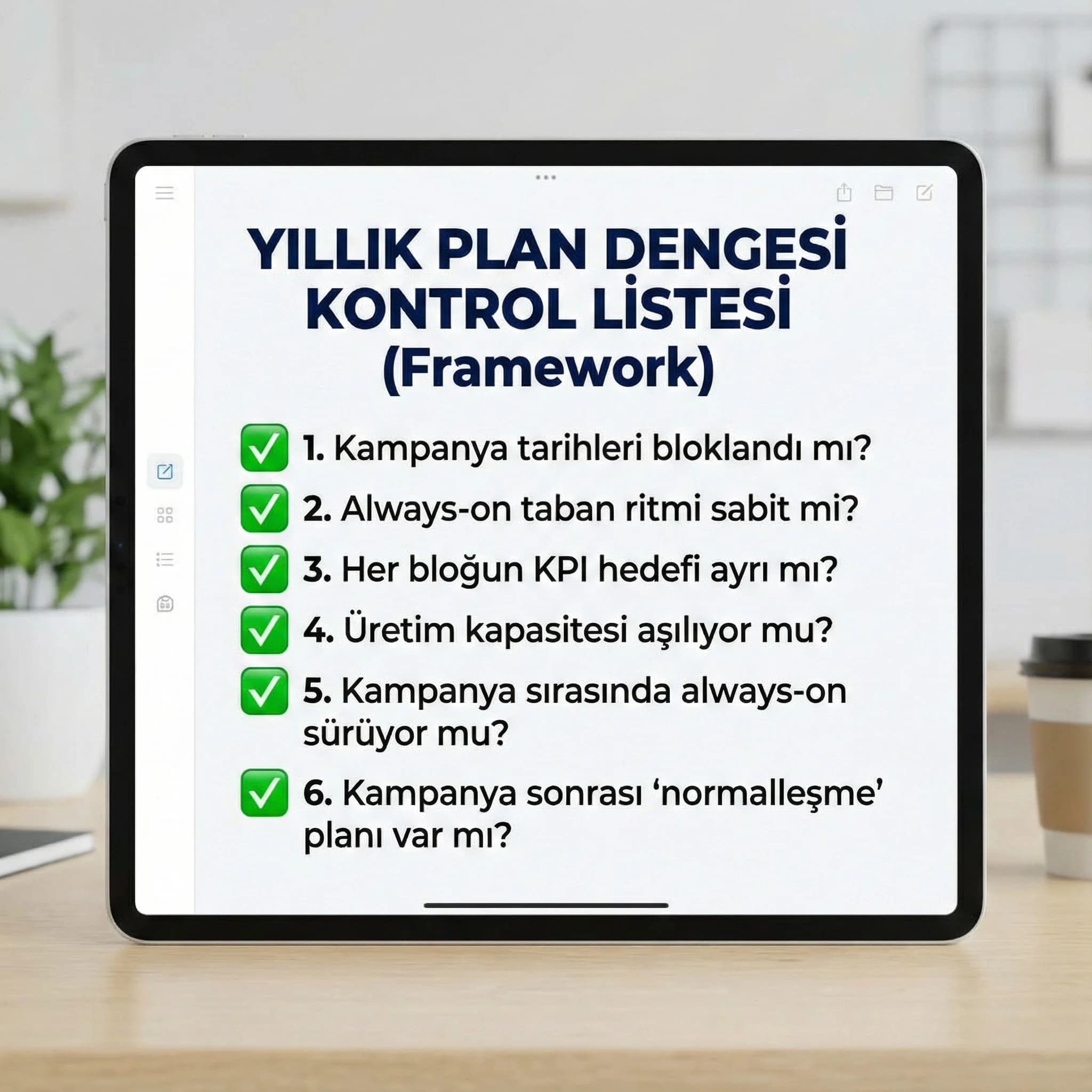  Yıllık plan checklist’ini always-on ve kampanya dengesiyle özetleyen kart görseli