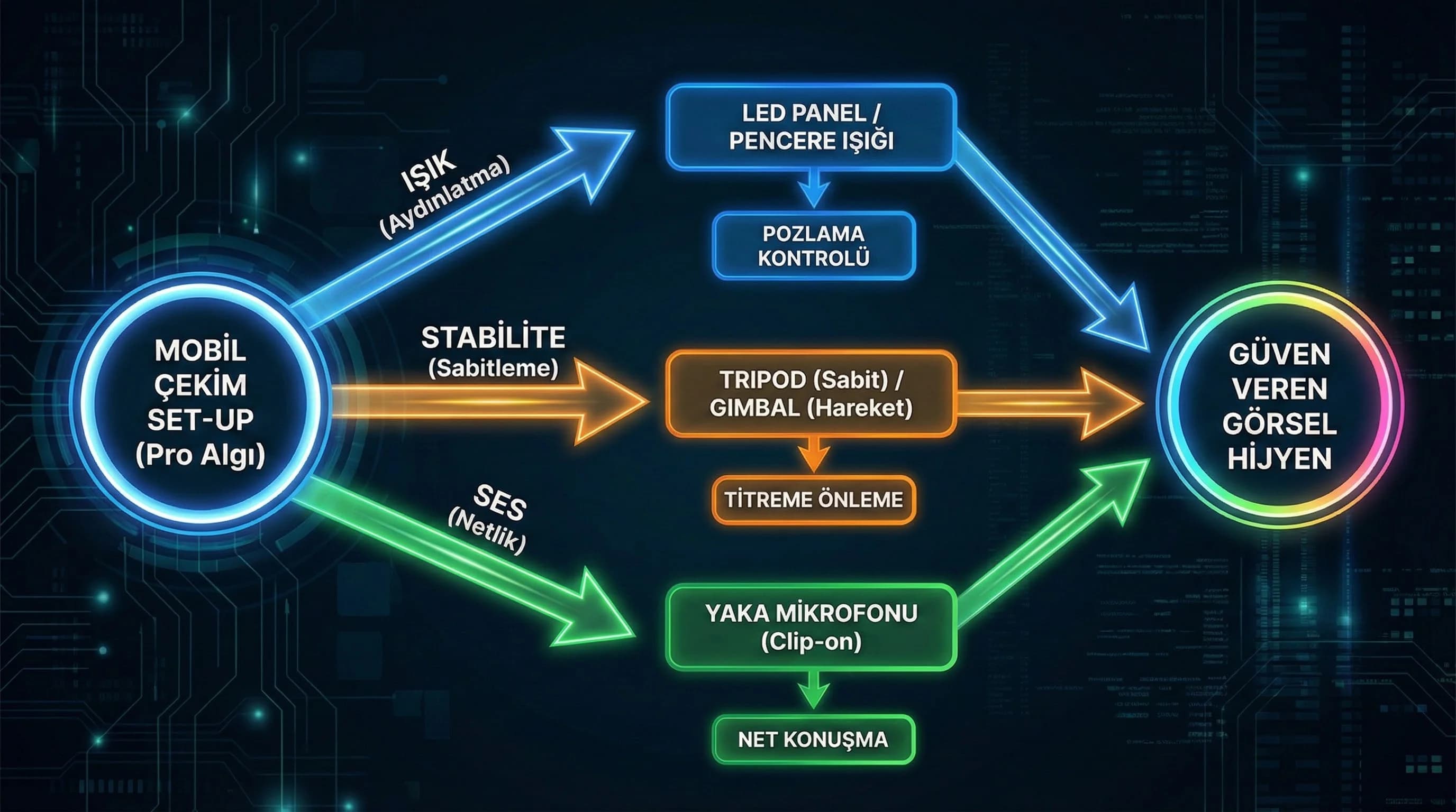 Basit mobil çekim set-up diyagramı (ışık + tripod/gimbal + mikrofon)