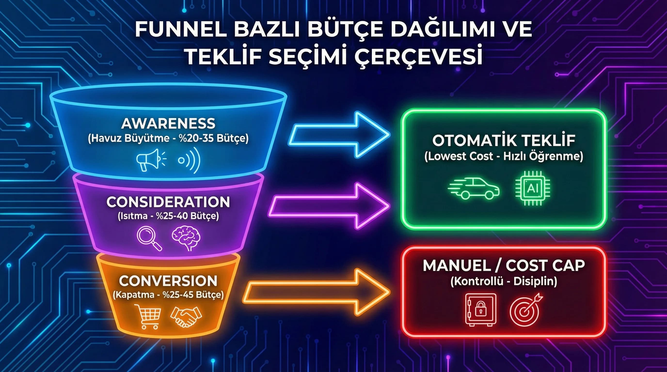 Funnel bazlı bütçe dağılımı ve teklif seçimi çerçevesi, otel reklamları