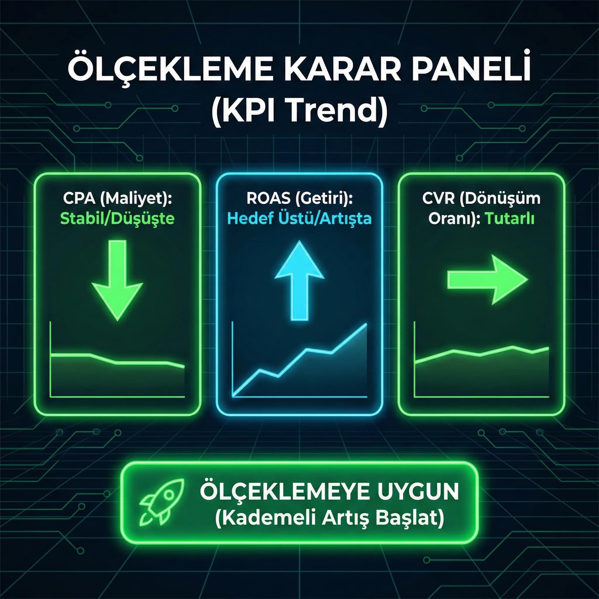 CPA ROAS ve CVR paneli, ölçekleme kararı için skor kartı