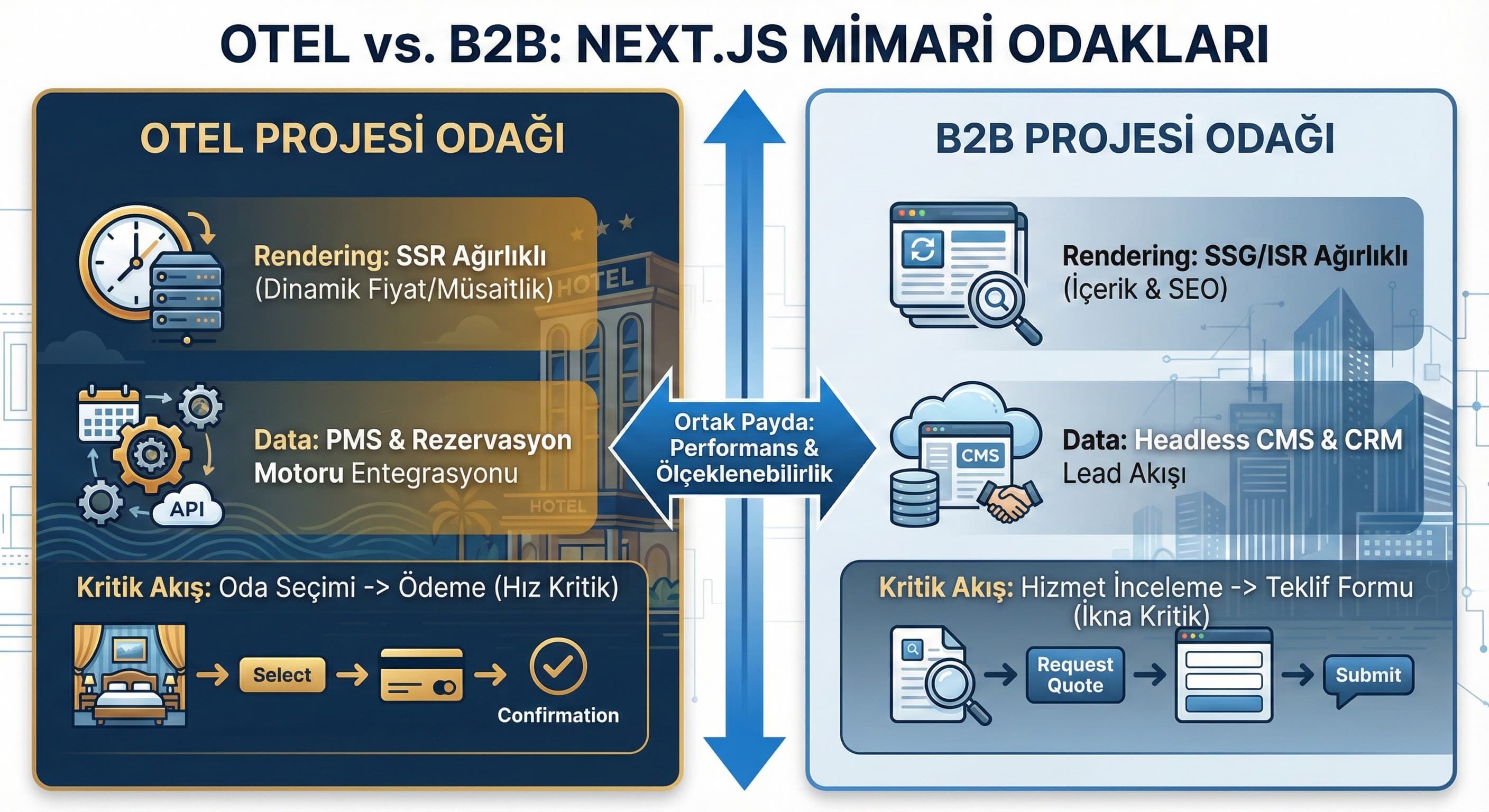 Otel ve B2B örnek mimariler: aynı Next.js, farklı kritik katmanlar