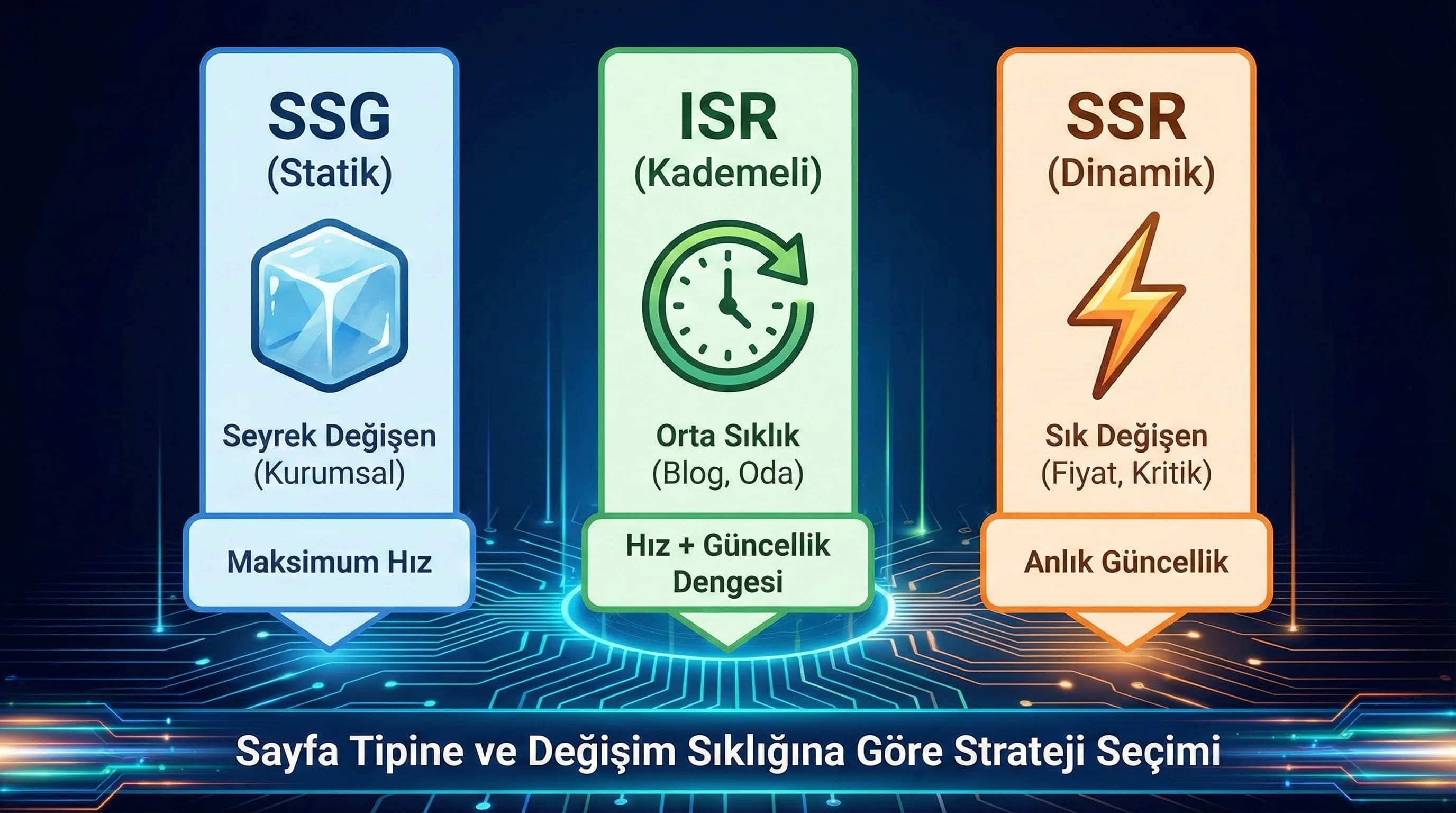 SSG ISR SSR karar ayrımı görseli, performans optimizasyon bağlamı