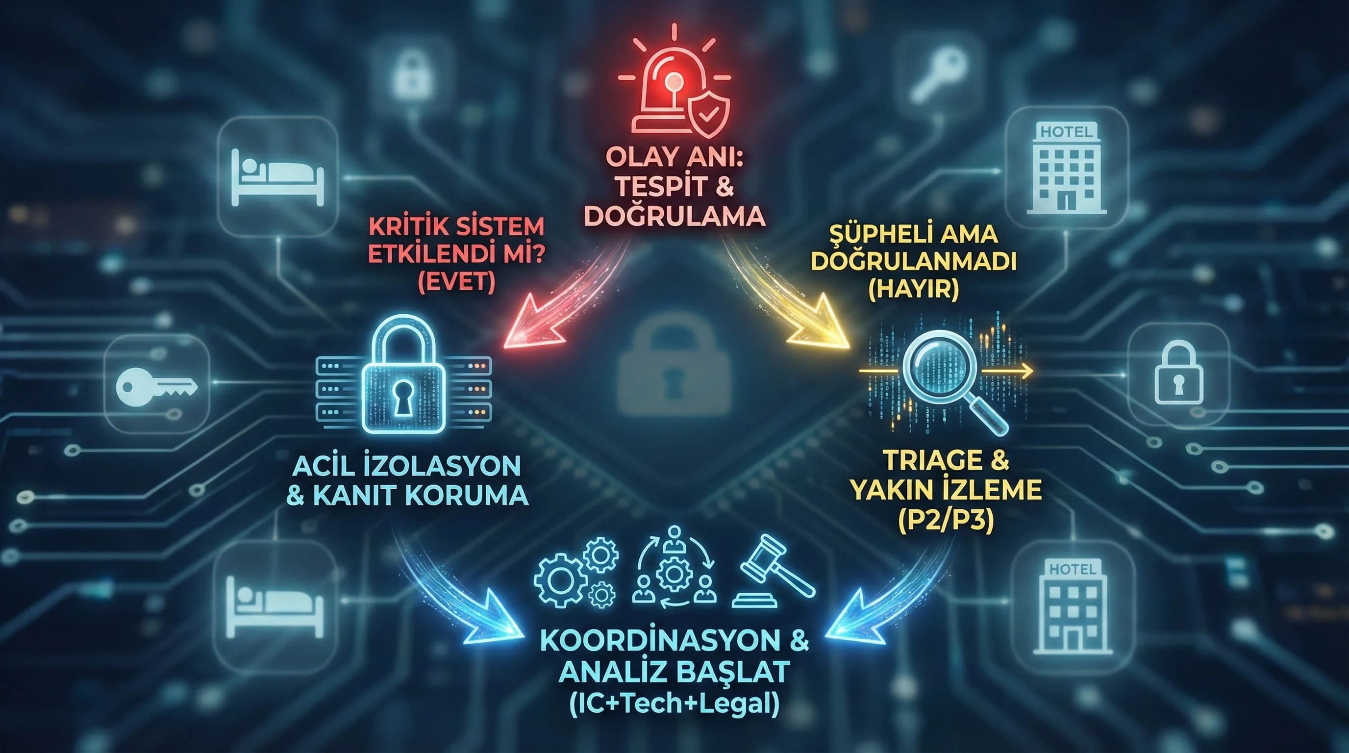 Tespit izolasyon analiz bildirim adımları, otel kriz bağlamı