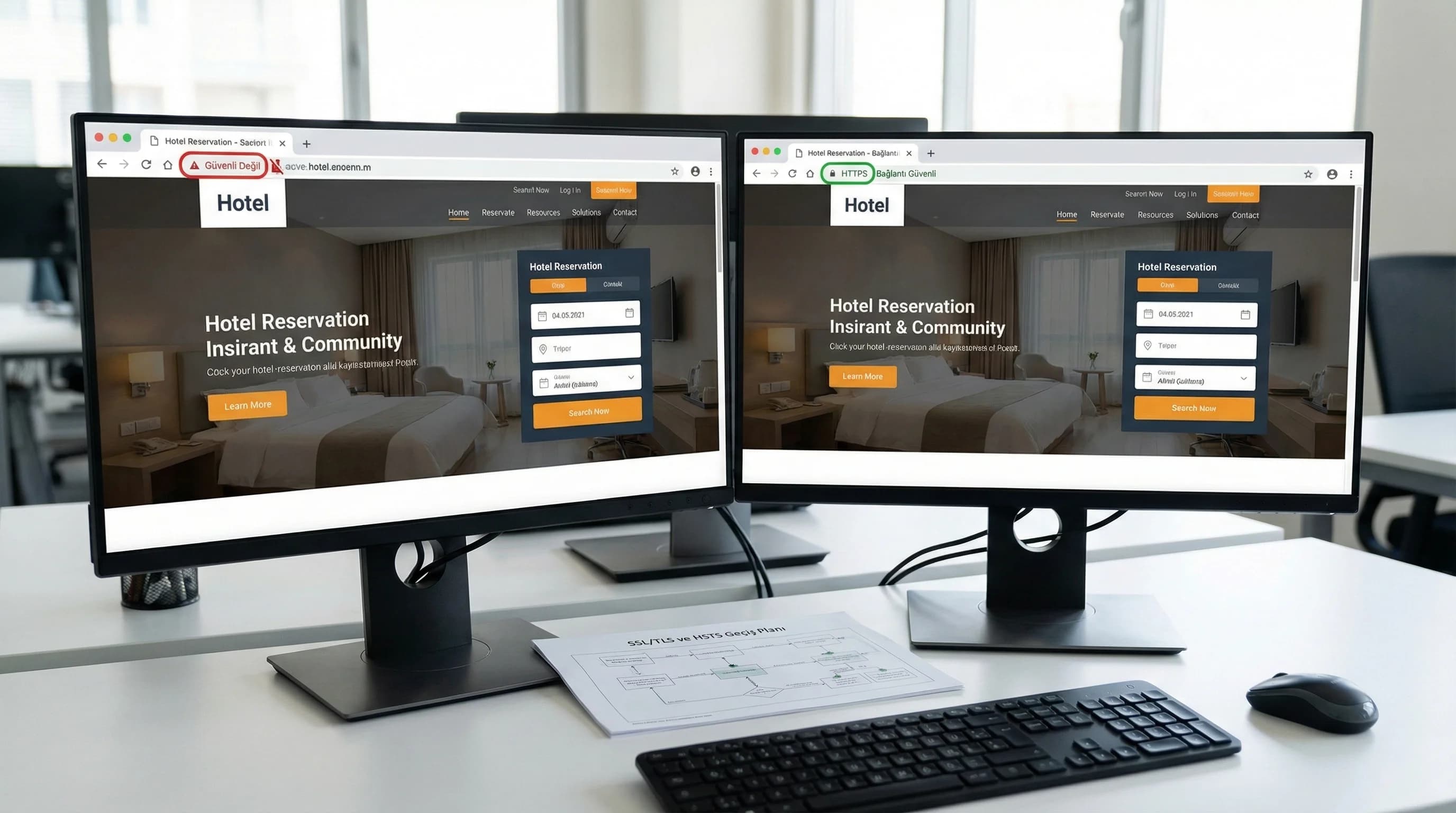 SSL/TLS ve HSTS ile tarayıcı uyarısını bitirme, rezervasyon ve portal güvenliği