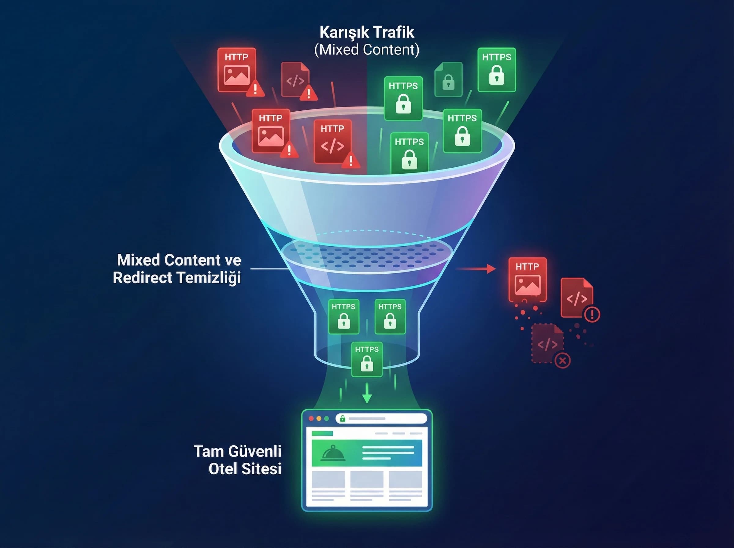 Mixed content ve redirect temizliği bölümü, kurumsal ve otel siteleri için HTTPS kontrolü