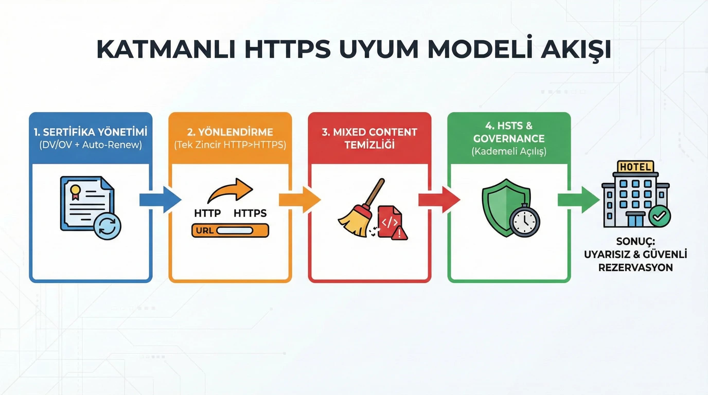 Kullanıcıdan sunucuya TLS akışı, HSTS ve yönlendirme katmanlarıyla HTTPS model