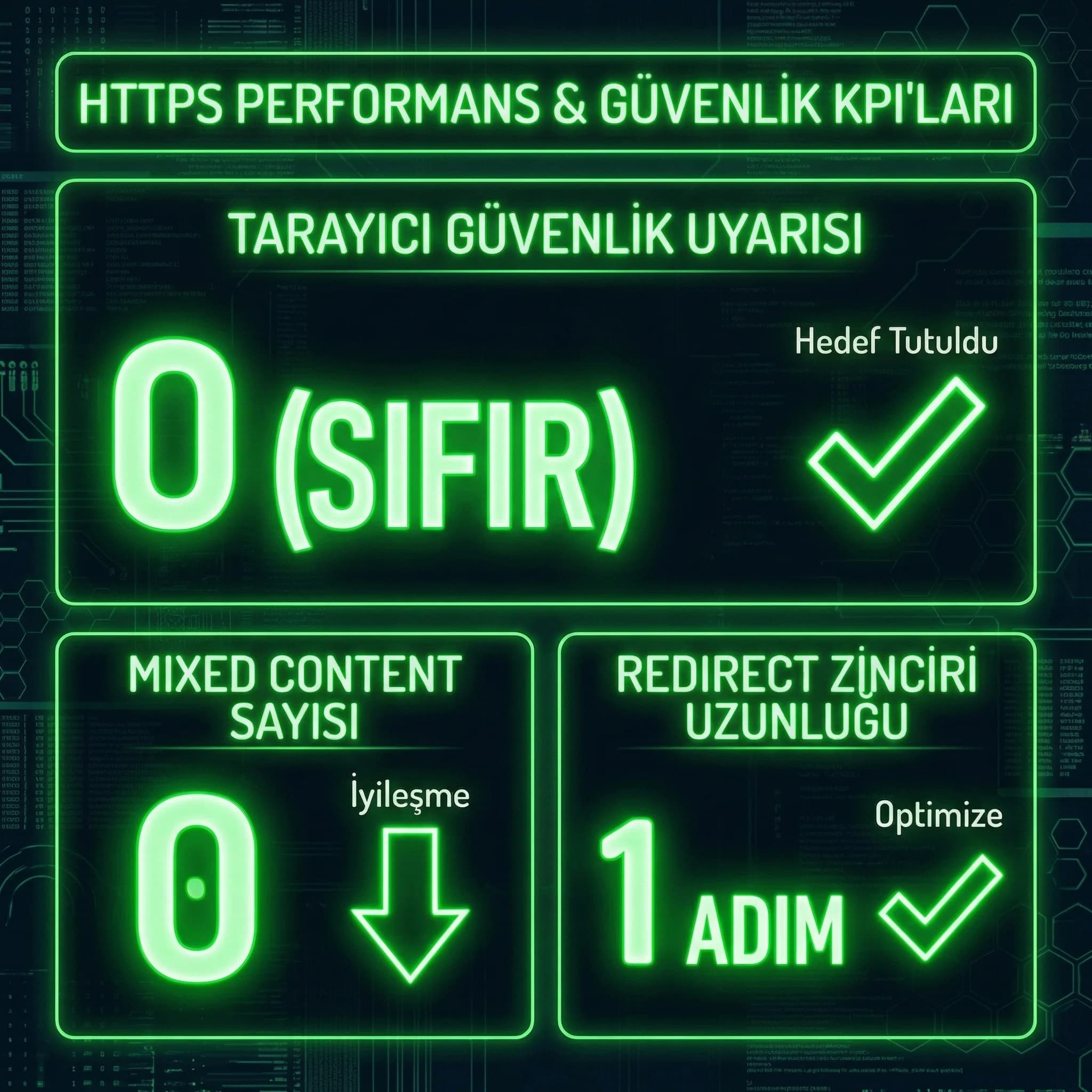 Mixed content sayısı ve redirect zinciri KPI paneli, otel ve kurumsal HTTPS performansı