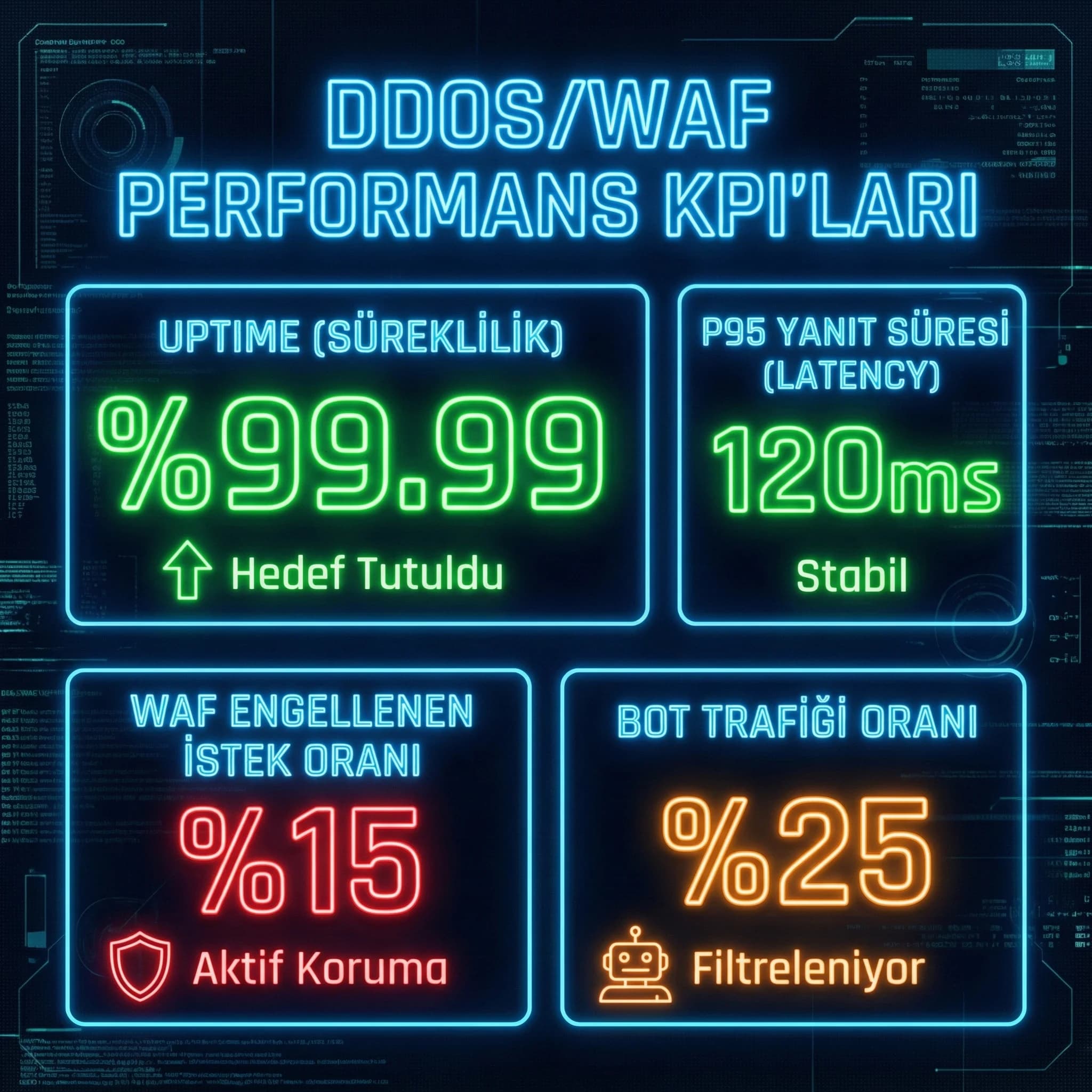 Uptime ve yanıt süresi KPI paneli, WAF blokları ve bot oranı ile erişilebilirlik yönetimi