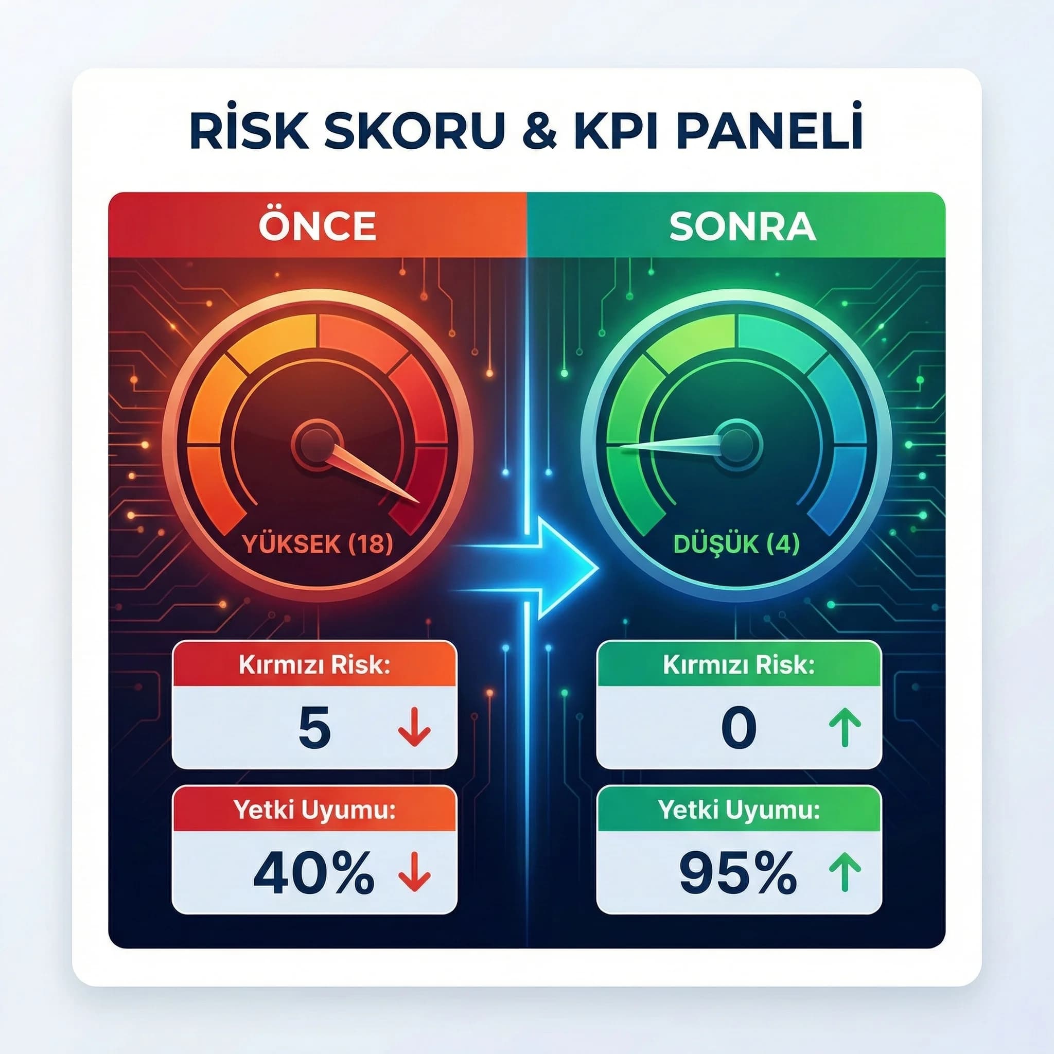 Önce/sonra risk skoru ve temel güvenlik KPI’ları, otel operasyon bağlamında panel