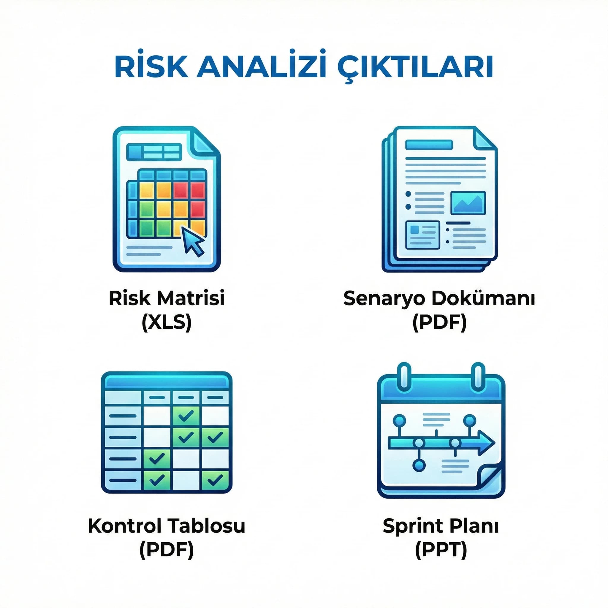 Risk matrisi, senaryolar, kontrol tablosu ve sprint planı çıktıları özet kartı
