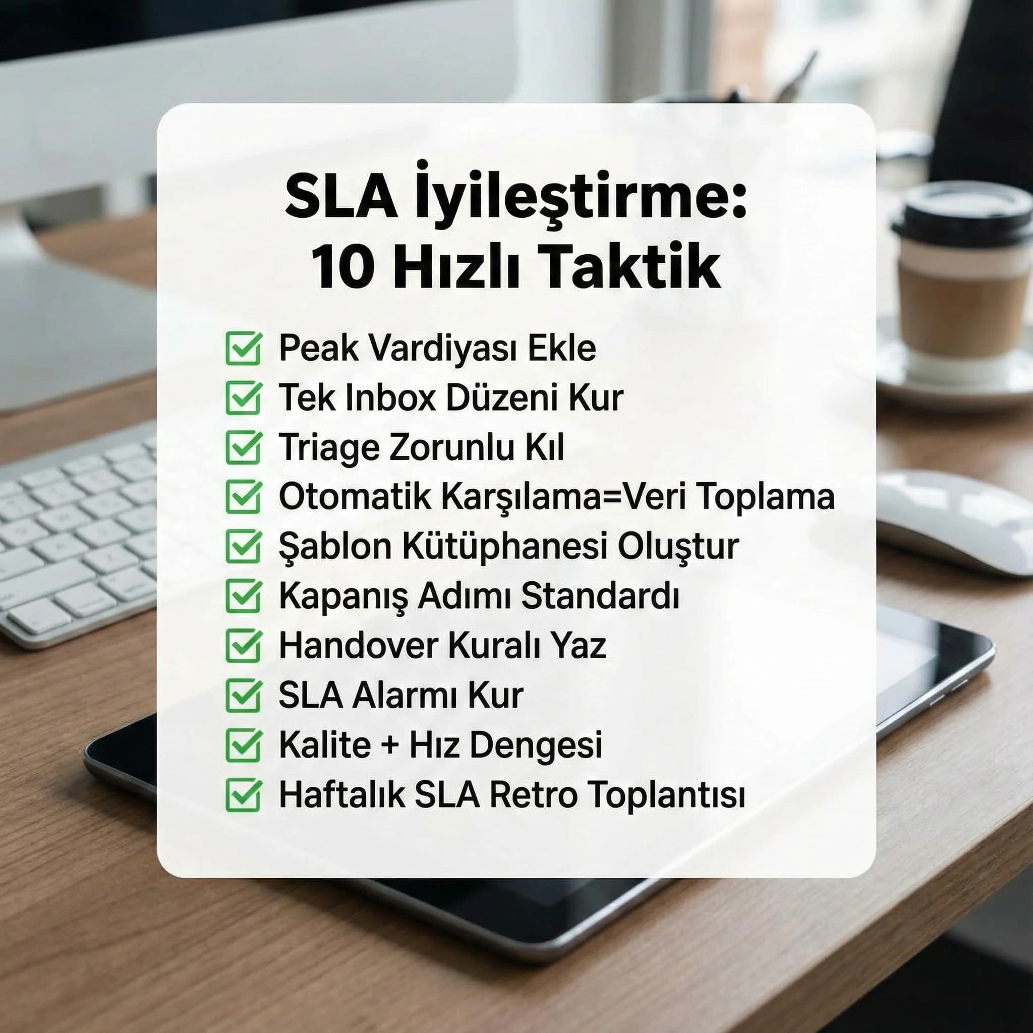 SLA iyileştirme için 10 hızlı taktiği özetleyen otel kontrol kartı