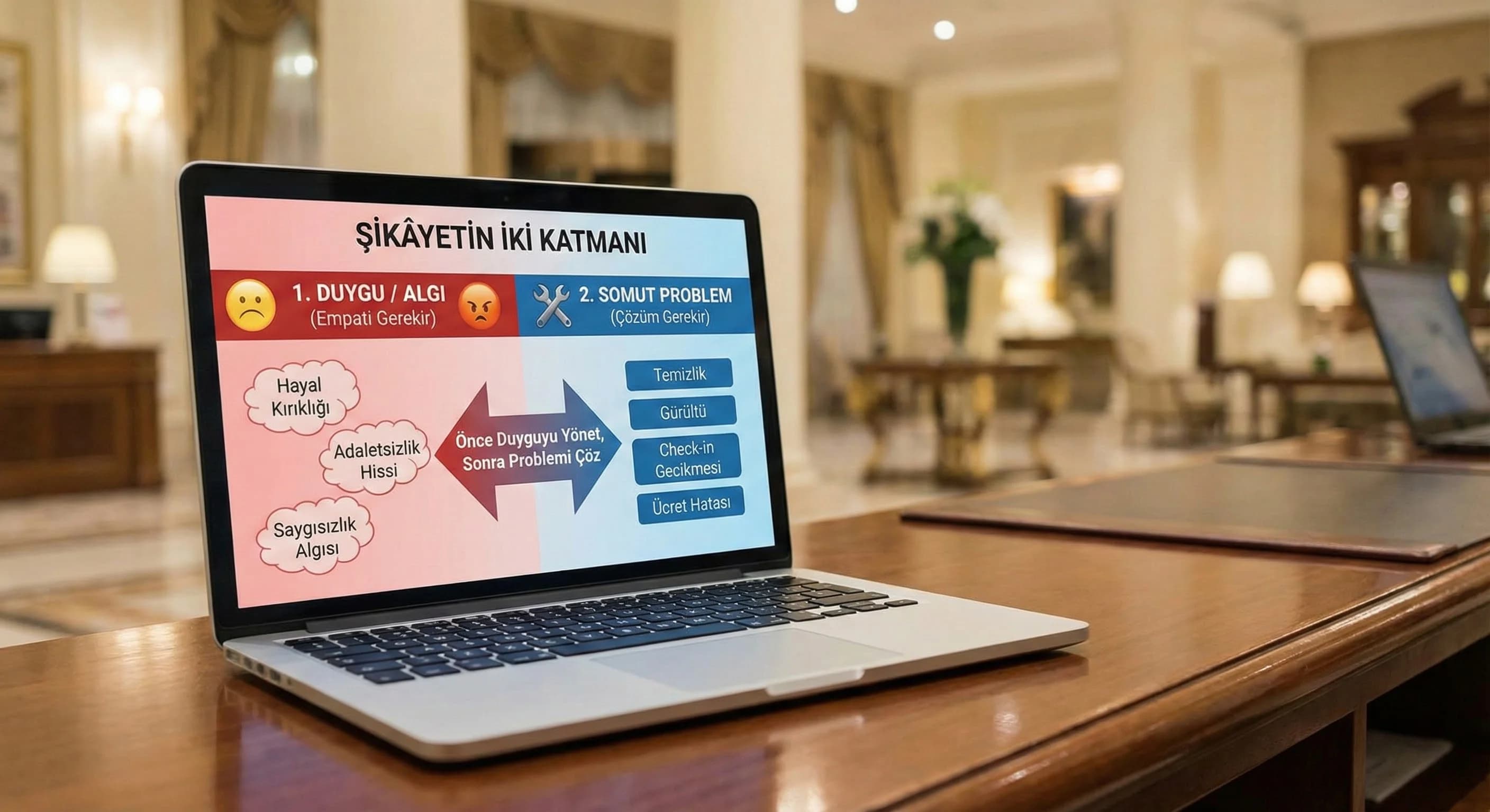 Şikâyeti duygu ve problem olarak ayıran otel bağlam görseli
