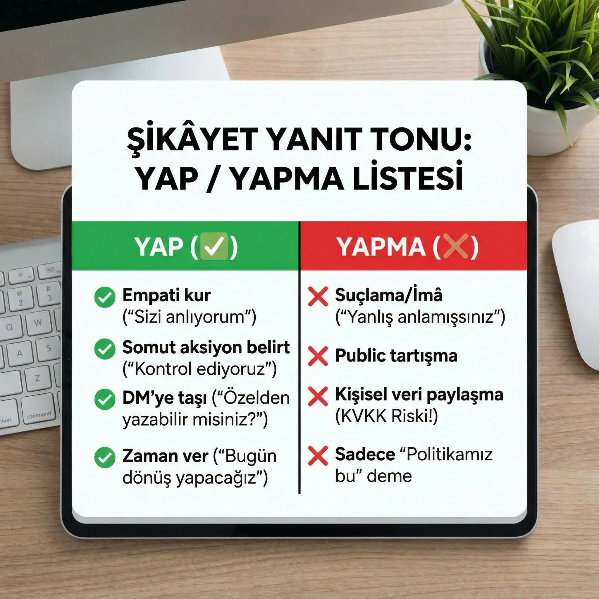 Şikâyet yanıtında yap ve yapma listesini özetleyen otel kart görseli