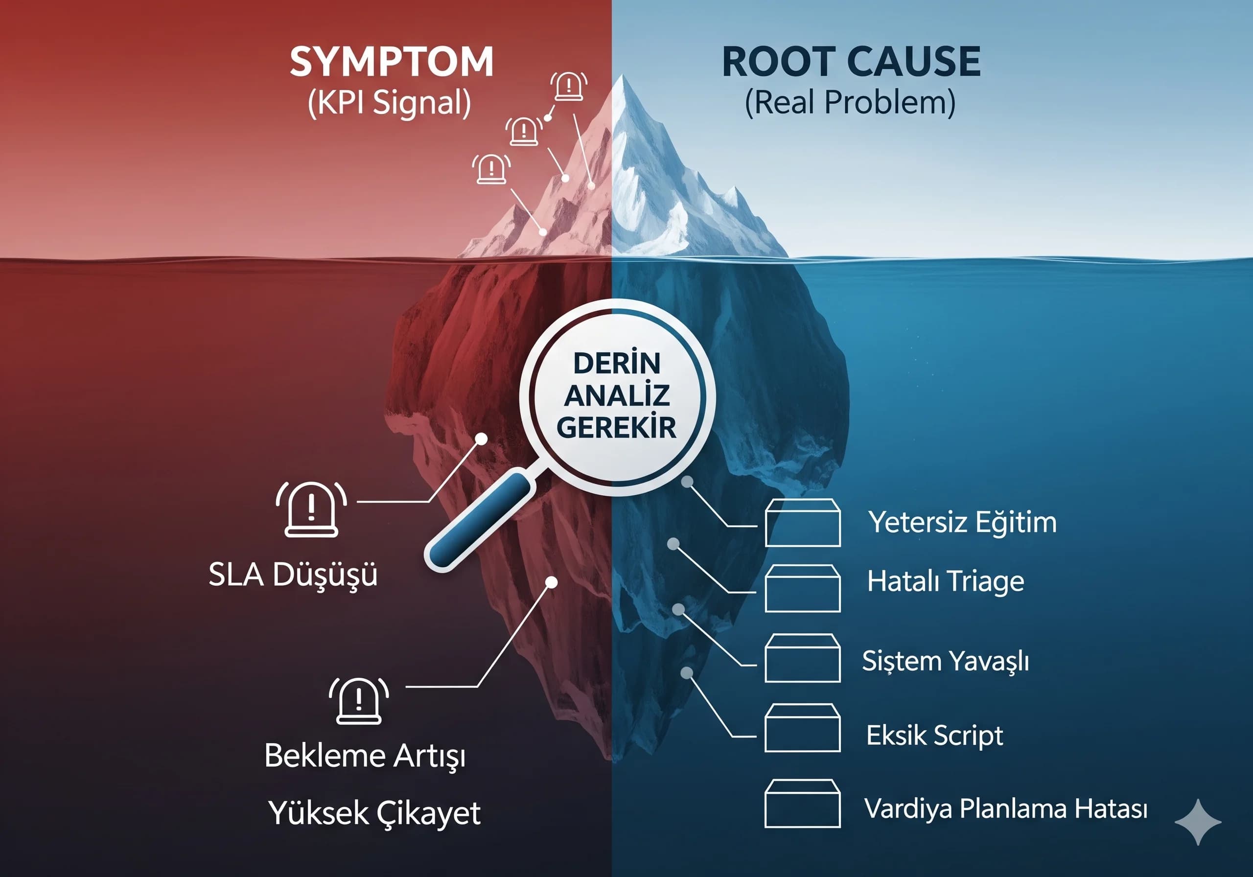 Semptom ve kök neden ayrımı, çağrı merkezi hata analizi geçiş görseli