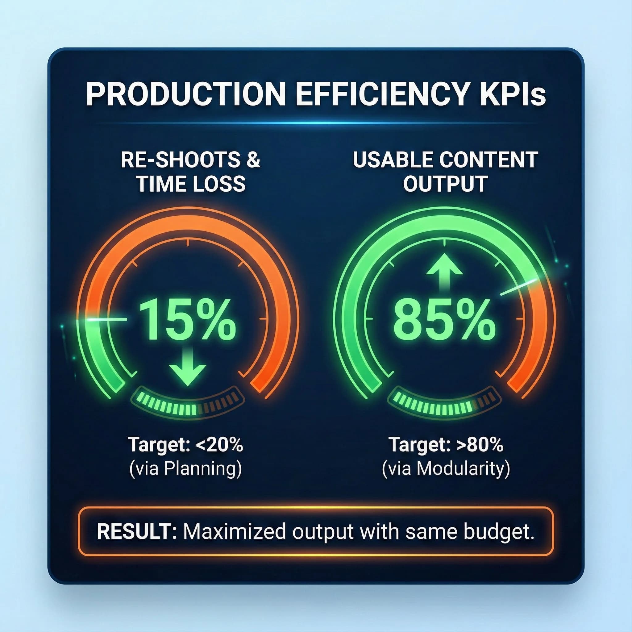 Prodüksiyon verim KPI’ları, tekrar çekim ve zaman kaybı azaltma kartı